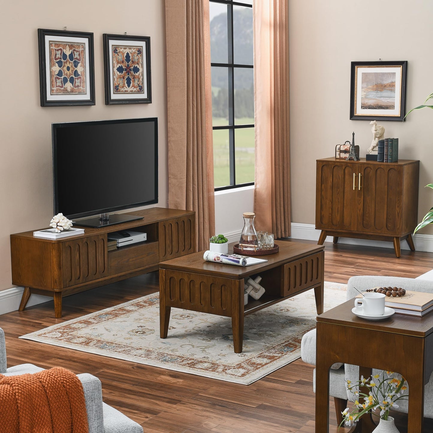 LKTART Mid Century Modern Storage Cabinet with Rattan Sliding Doors and Open Shelves, Boho Style Wooden Sideboard Buffet for Living Room,Dark Walnut