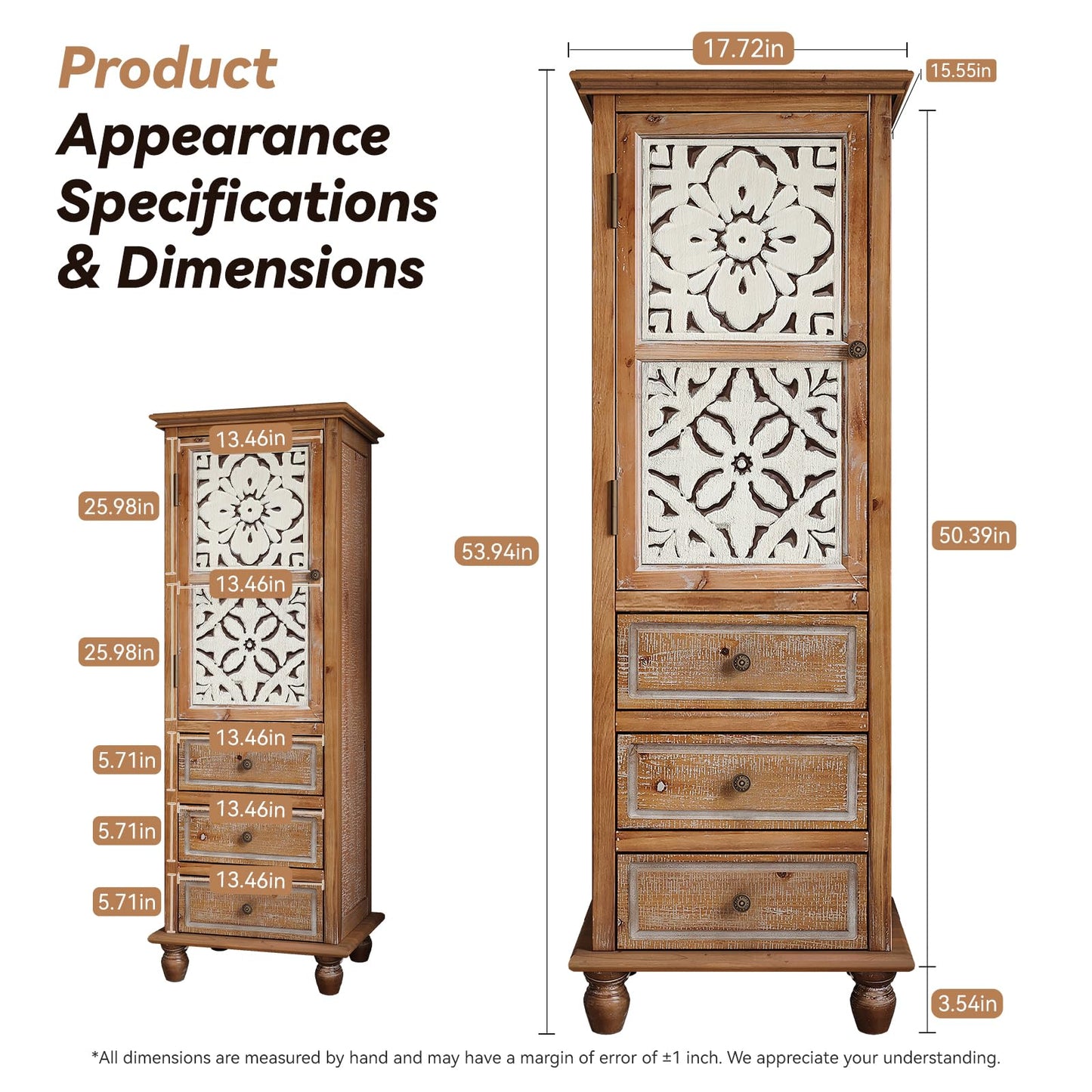 LKTART KTART 55'' Tall Kitchen Pantry Cupboard Storage Cabinet with Shelves & Drawer,French Country Accent Cabinet with Embossed Floral Metal Doors and Solid Wood Frame,Natural Wood
