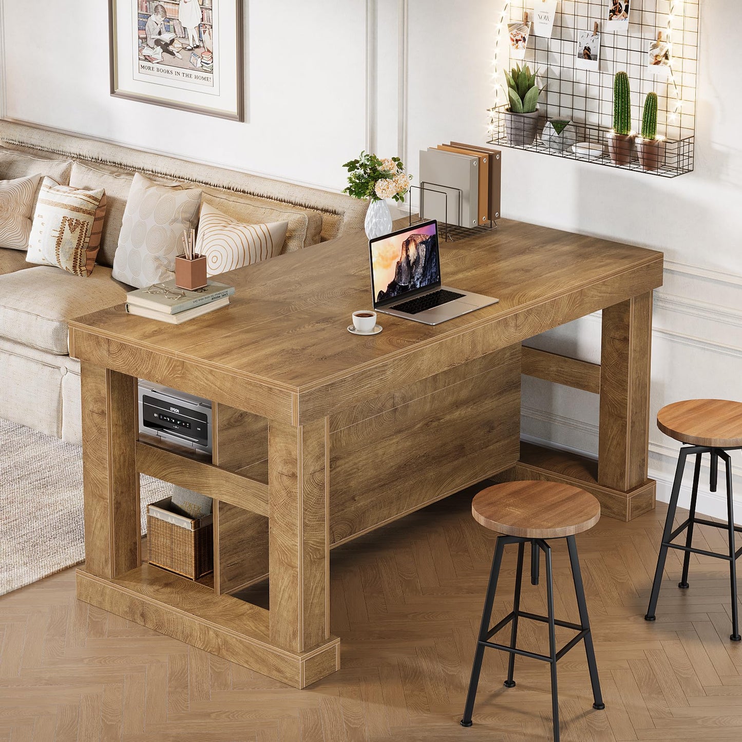 Tribesigns 55" Kitchen Island with Seating and Storage, 3-Tier Farmhouse Wood Stationary Island Table with Large Worktop & Leg Room, Coffee Bar Table with Storage Shelves for Kitchen, White and Brown