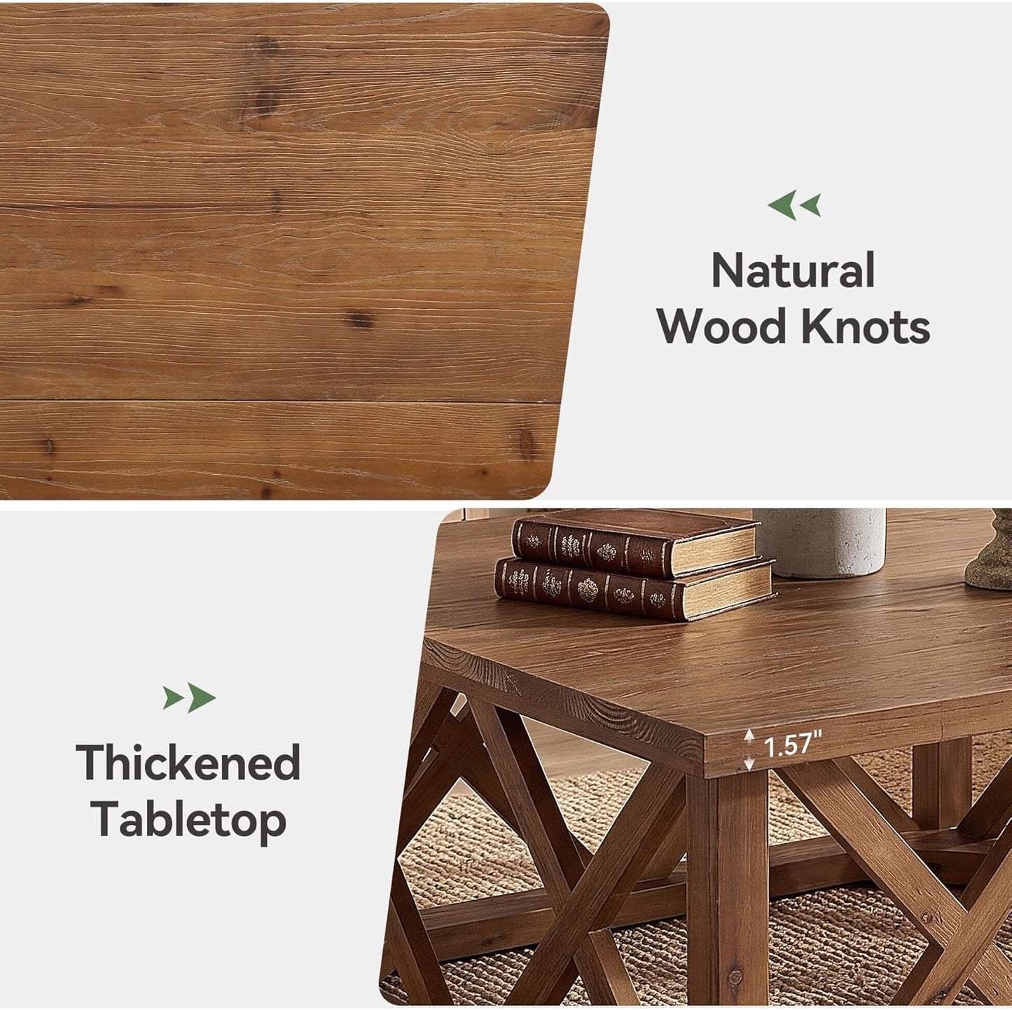 Solid Wood Coffee Table, 39.37-Inch Square Center Table with Reinforced X-Frame & Sturdy Base, Farmhouse Low Cocktail Tea Table for Living Room, Apartment, Office, Easy Assembly, Brown