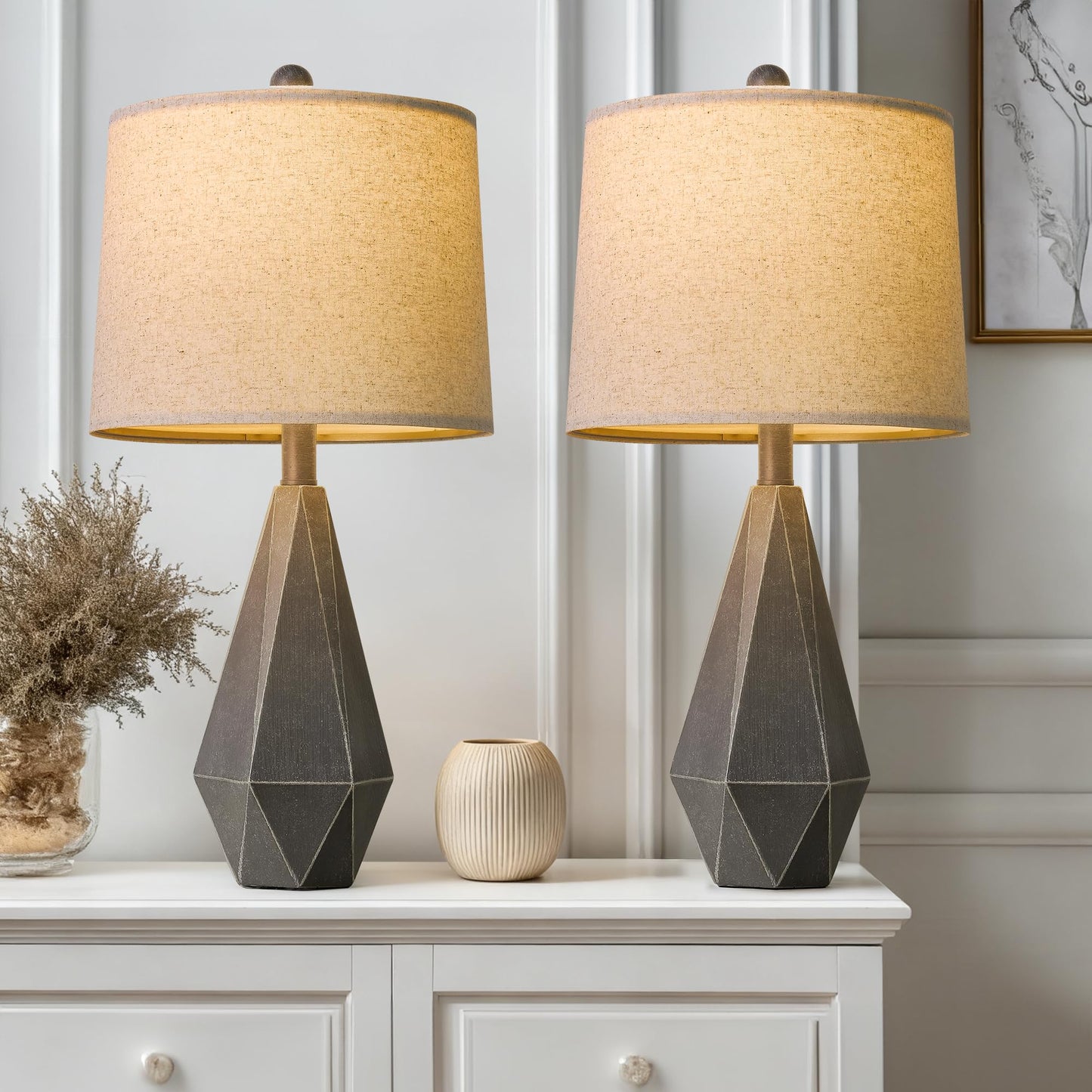 PoKat 23.5'' Table Lamps Set of 2 for Bedroom, Farmhouse Nightstand Lamps for Living Room, Rustic Bedside Lamps with Linen Lampshade for Side Table Office Hallway Entryway Dark Wood-Like (Brown)