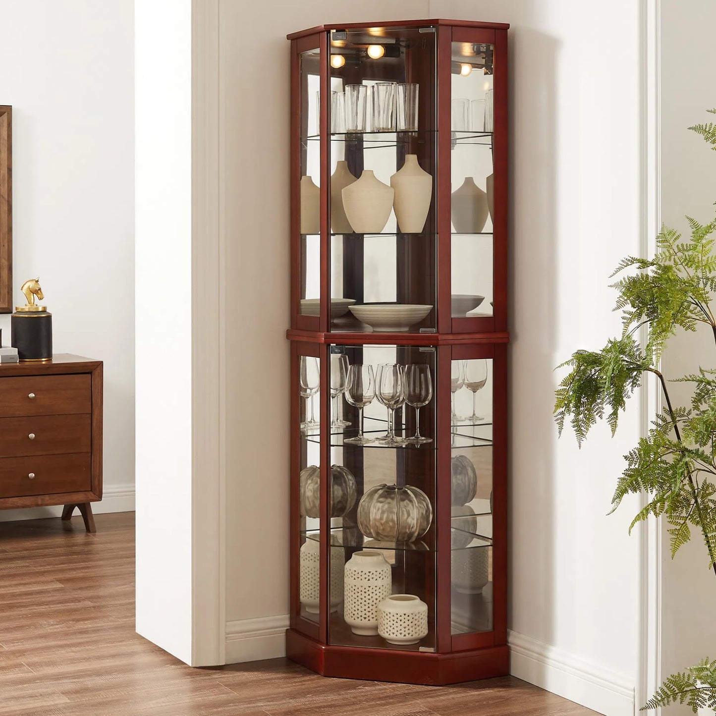 LKTART Corner Curio Cabinet with Lights, Glass Display Cabine, 72" Tall Corner Storage Cabinet with Mirrored Back Panel &Tempered Glass Doors and Adjustable Shelves (Oak)