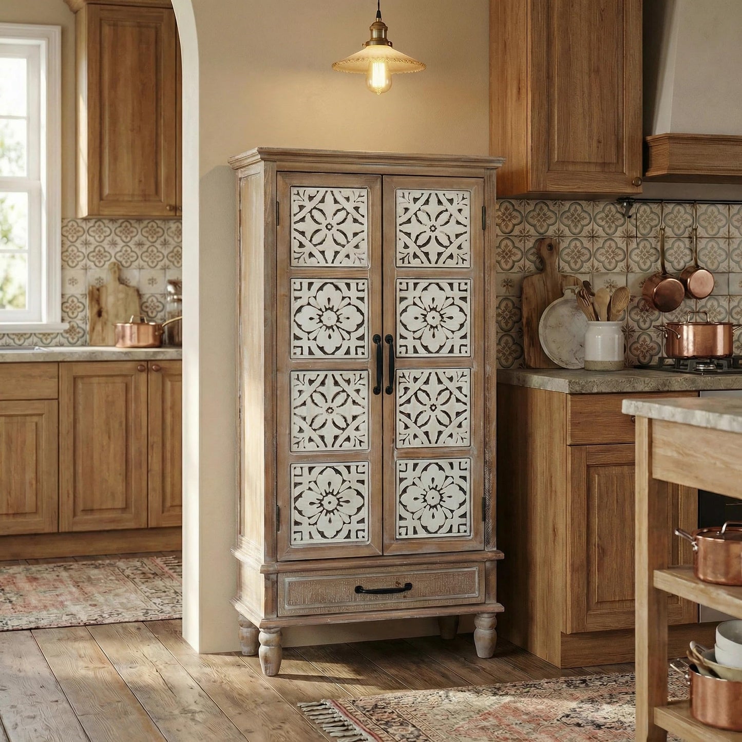 LKTART KTART 55'' Tall Kitchen Pantry Cupboard Storage Cabinet with Shelves & Drawer,French Country Accent Cabinet with Embossed Floral Metal Doors and Solid Wood Frame,Natural Wood