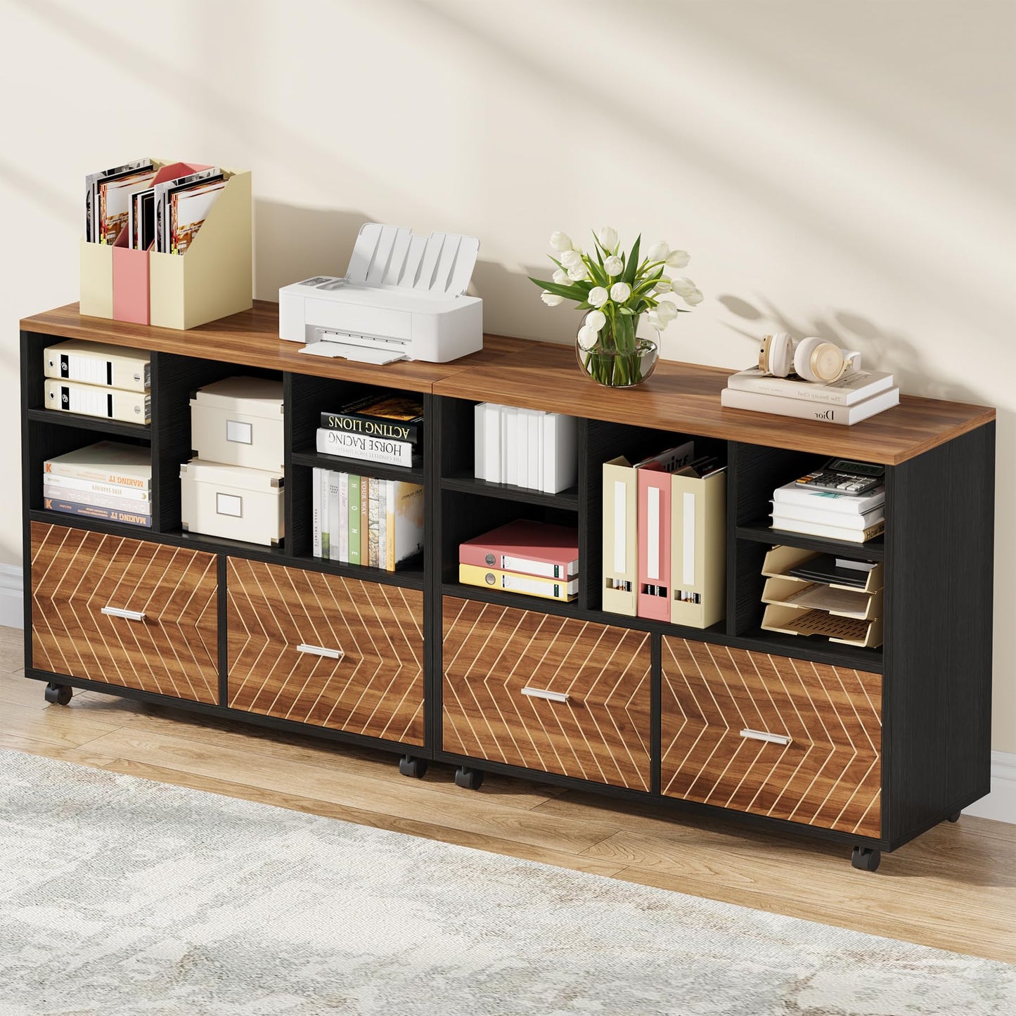 Tribesigns 2-Drawer Wood File Cabinet, Mobile Lateral Filing Cabinet for Hanging Letter Size Files, Printer Stand with Open Storage Shelves for Home Office (Oak Karo & White)