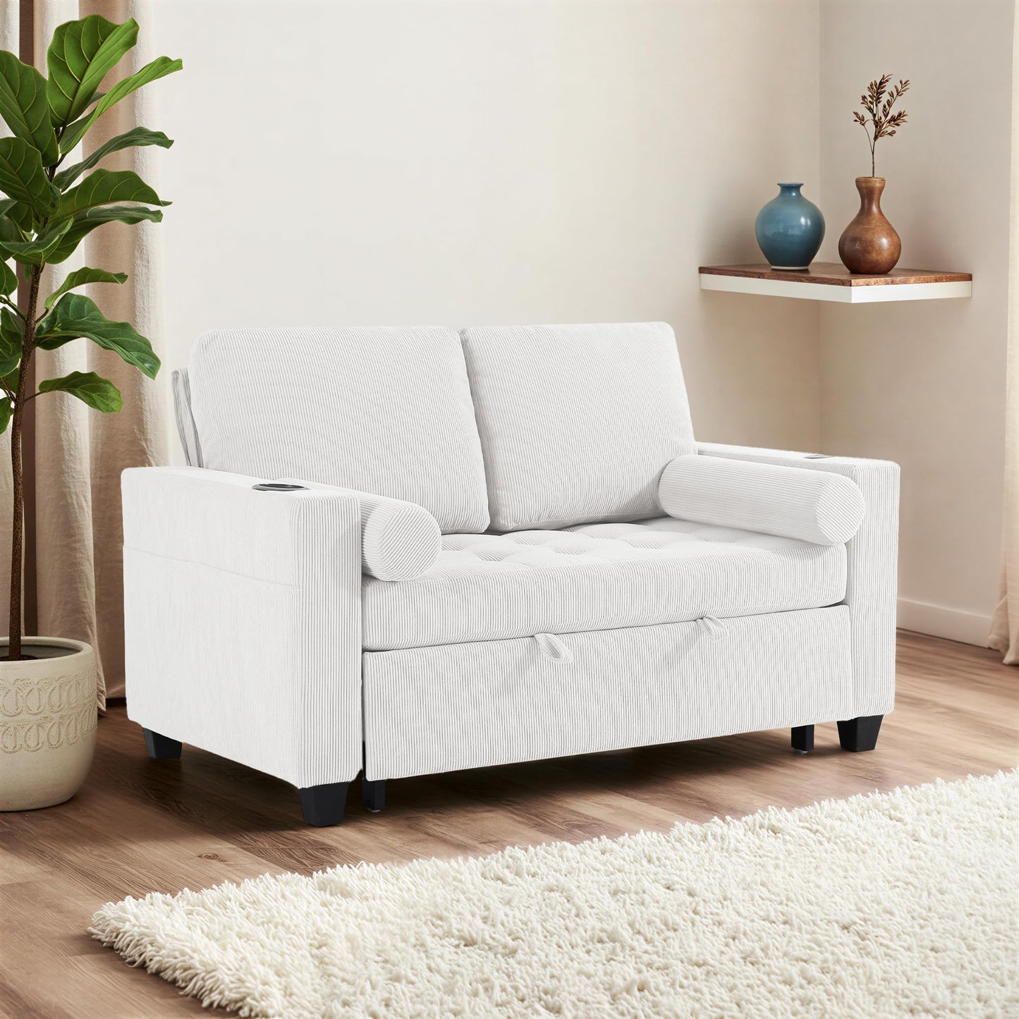 Sleeper Sofa Chair Bed, 3-in-1 Convertible Sleeper Chair with Pull Out Bed, Comfy Corduroy Sofa Bed Couch with Reclining Adjustable Backrest, USB Ports, Cup Holder, Side Pocket (Gray, 38.8")
