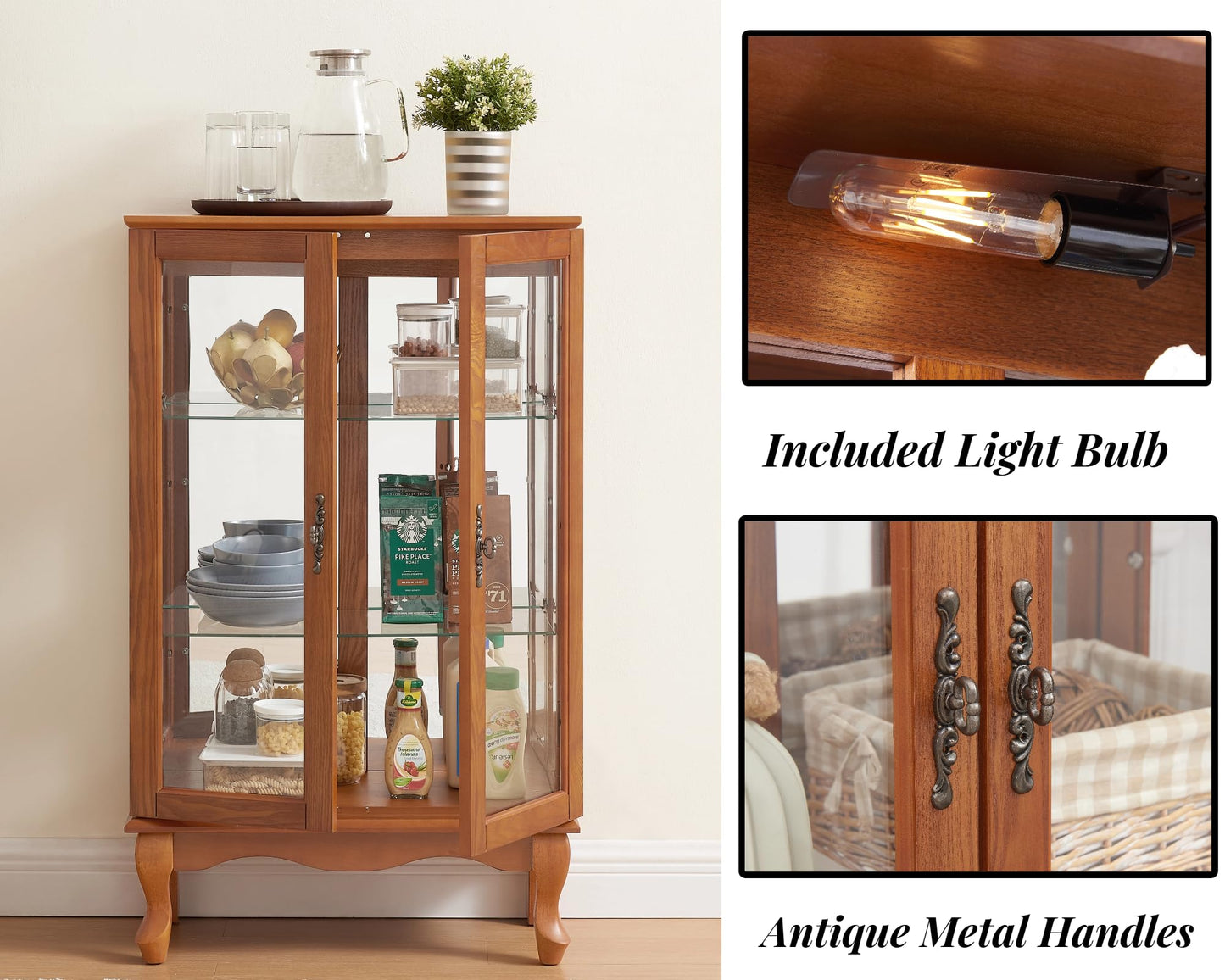 LKTART Curio Glass Display Cabinet,Storage Cabinet with Lights and Mirrored Back Panel,China Cabinet with Tempered Glass Doors and Shelves,Collectible Display Shelf,Included Bulb White