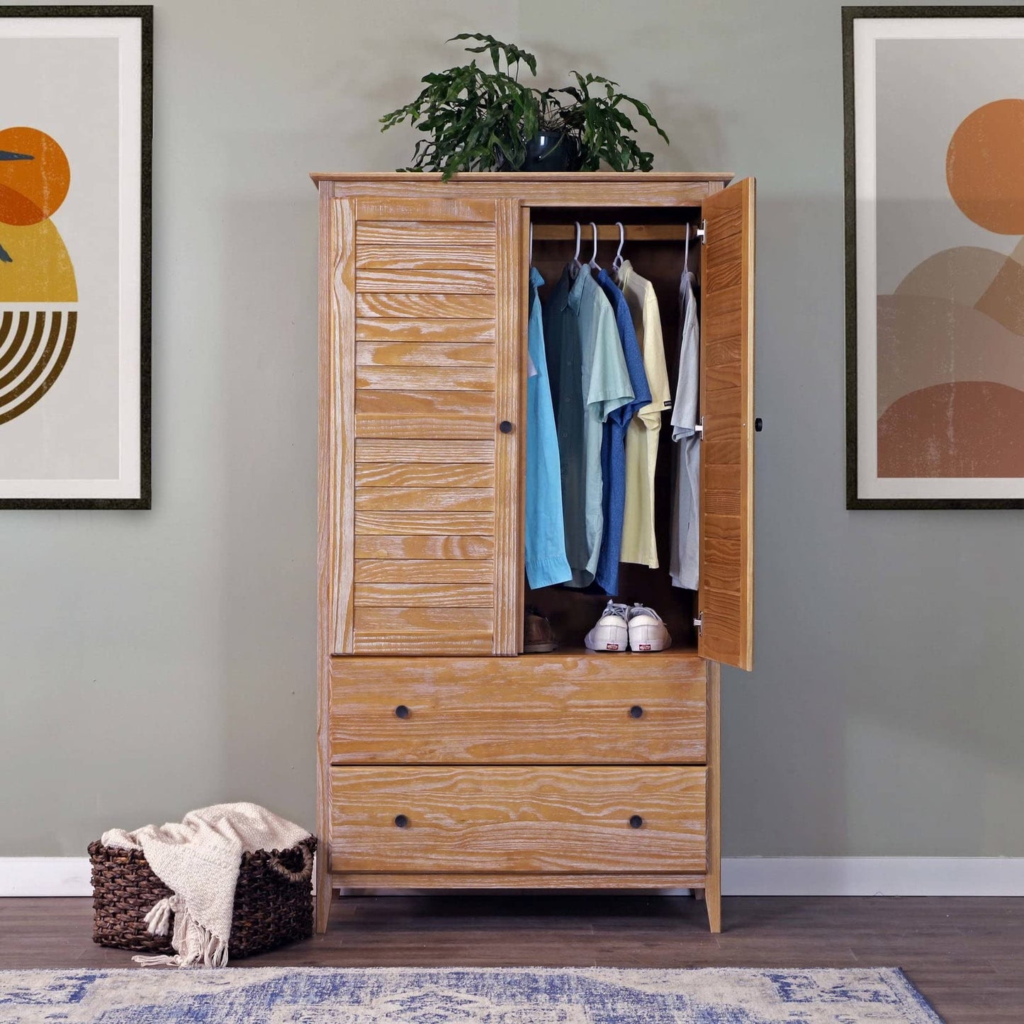Grain Wood Furniture Greenport 2-Door Wardrobe, Solid Wood with a Brushed Walnut Finish