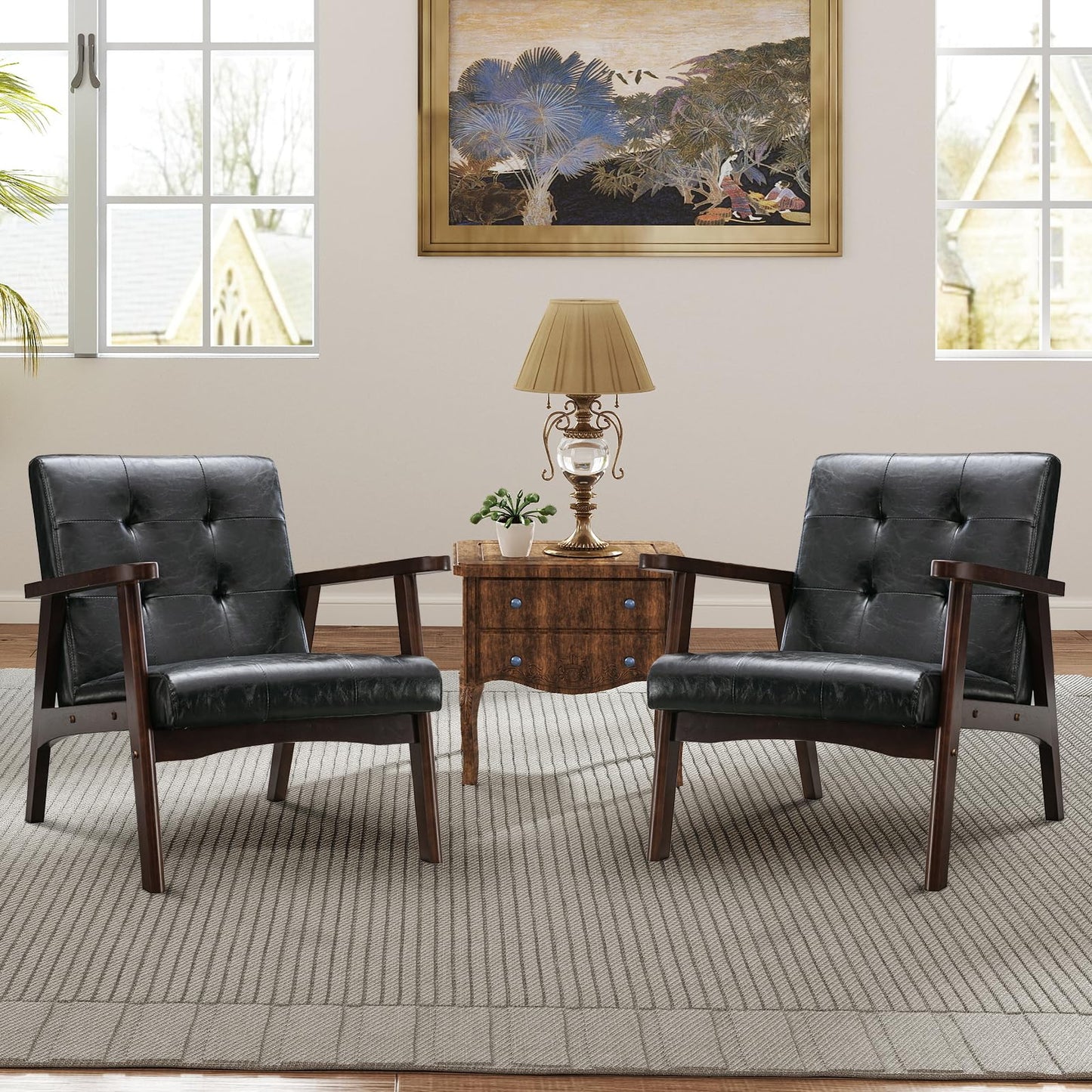IOMOR Accent Chair Mid Century Modern Chair for Living Room, Comfy Faux Leather Armchair with Solid Wood Frame Soft Thick Padded, Side Chairs Easy Assembly (1, Brown)