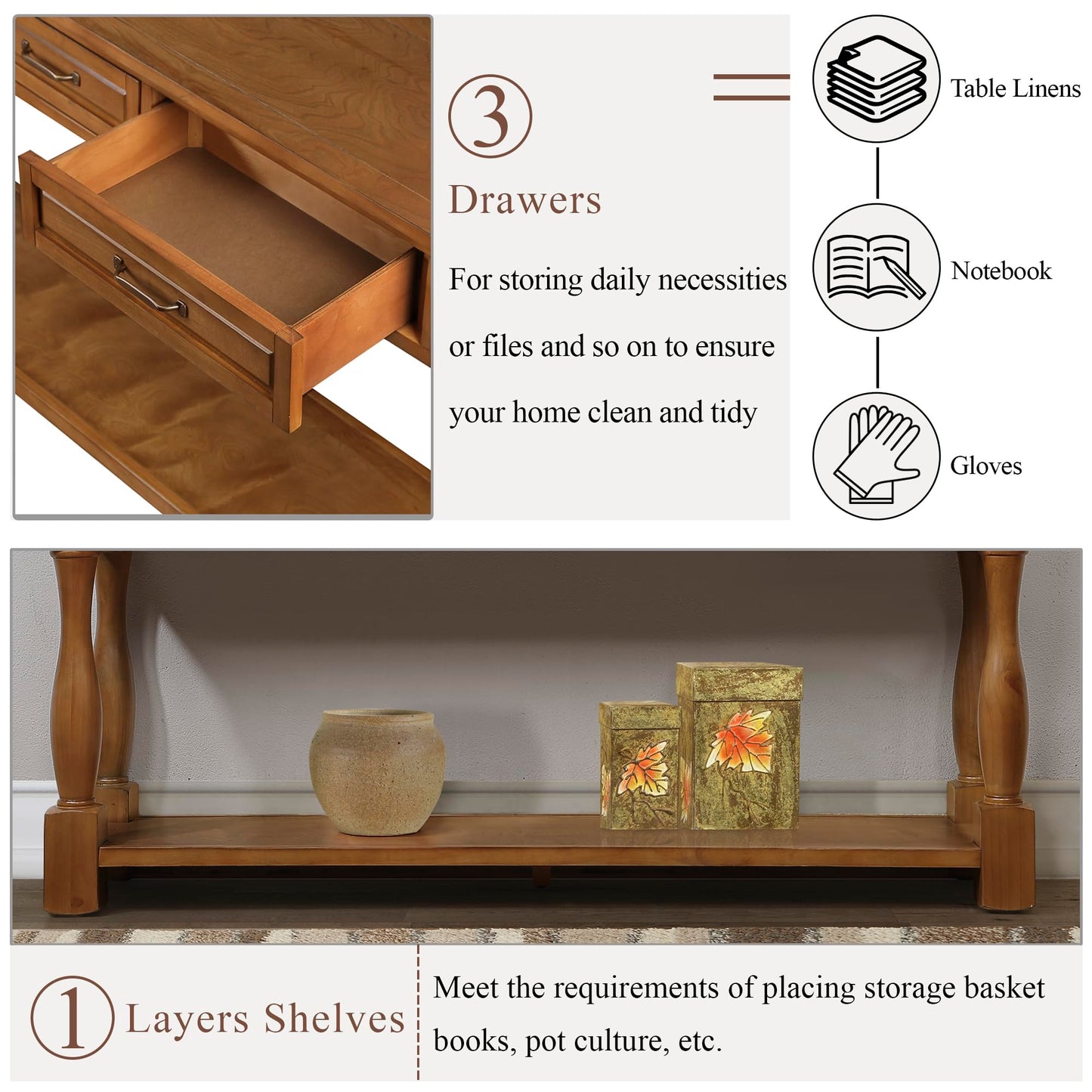 LKTART Solid Wood Console Table for Entryway,Long Sofa Table with 3 Drawers and Bottom Shelf for Hallway,Foyer,Entry,Easy Assembled (63" Light Espresso)