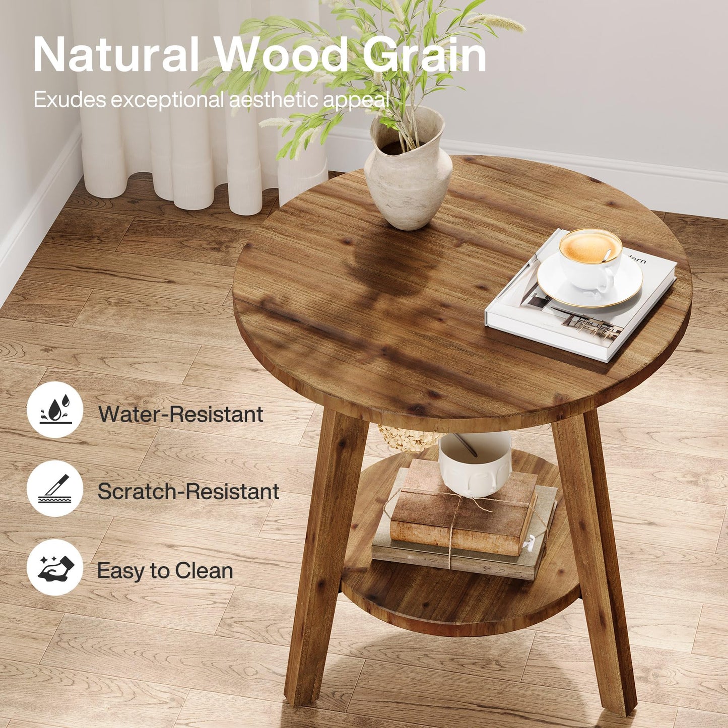 Solid Wood Round End Table, Sofa Side Table with Storage Shelf, Farmhouse Nightstand for Living Room, Bedroom, Easy Assembly (Dark Brown, 1 PC)