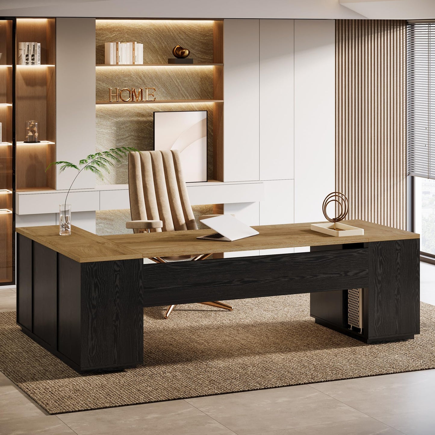 Tribesigns 85.8-Inch L-Shaped Executive Office Desk with File Drawers & Storage Cabinet, Professional Corner Computer Desk Extra Large Business Workstation with Adjustable Shelves (White&Walnut)