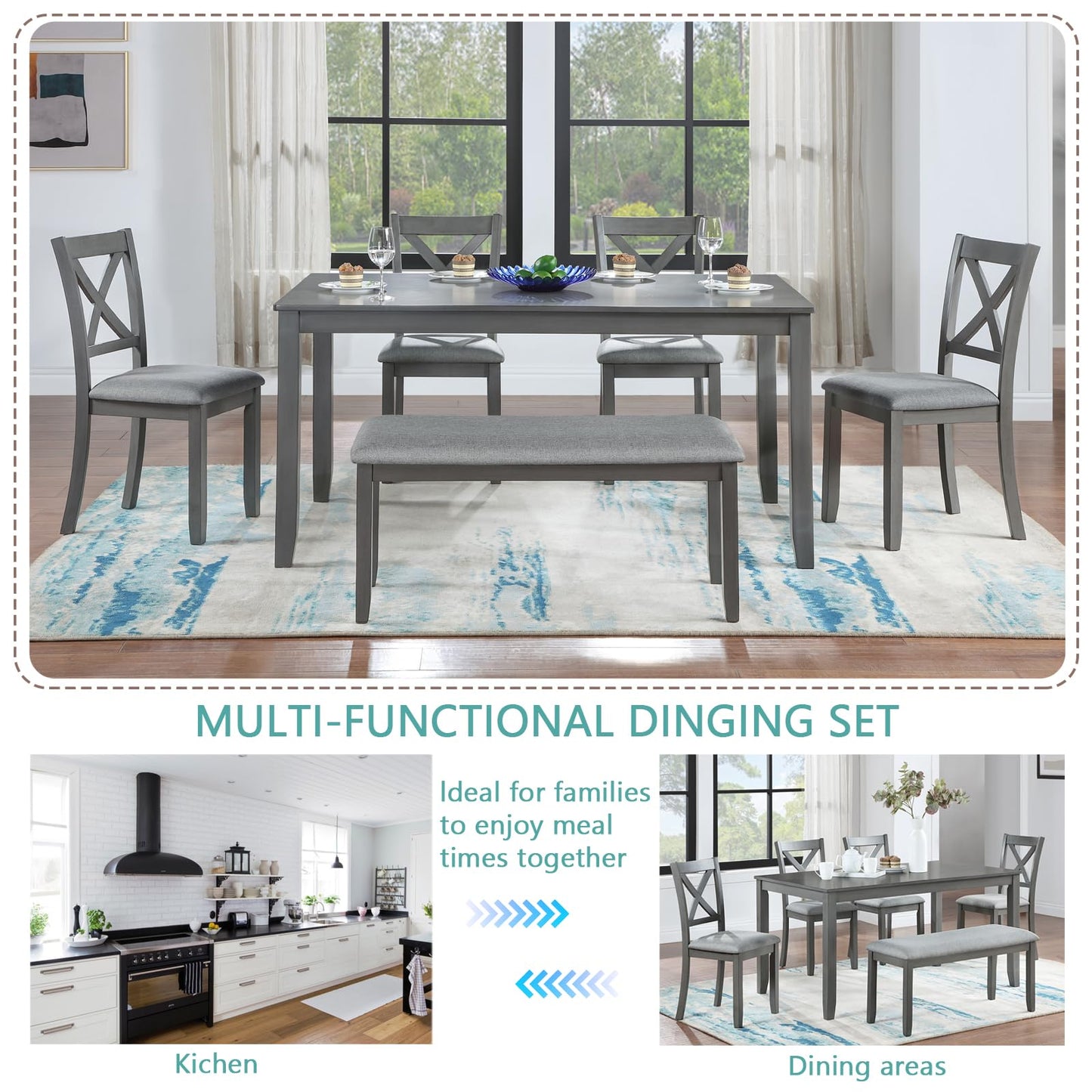 LKTART 6 Piece Kitchen Dining Set, 58.5" Rectangular Wooden Dinner Table with 4 Upholstered Chairs and a Bench for Living Room, Home Bar and Kitchen, Walnut