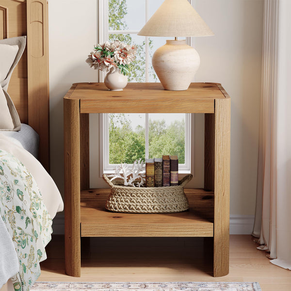 Solid Wood End Table, 2-Tier Small Side Table with Open Storage Shelf, Rustic Nightstand for Living Room, Bedroom, or Small Spaces, Easy Assembly (2, Natural Wood)