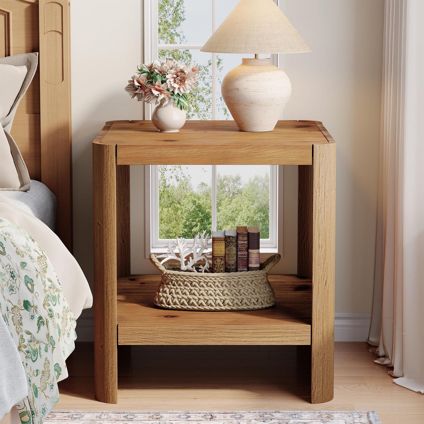Solid Wood End Table, 2-Tier Small Side Table with Open Storage Shelf, Rustic Nightstand for Living Room, Bedroom, or Small Spaces, Easy Assembly (2, Natural Wood)