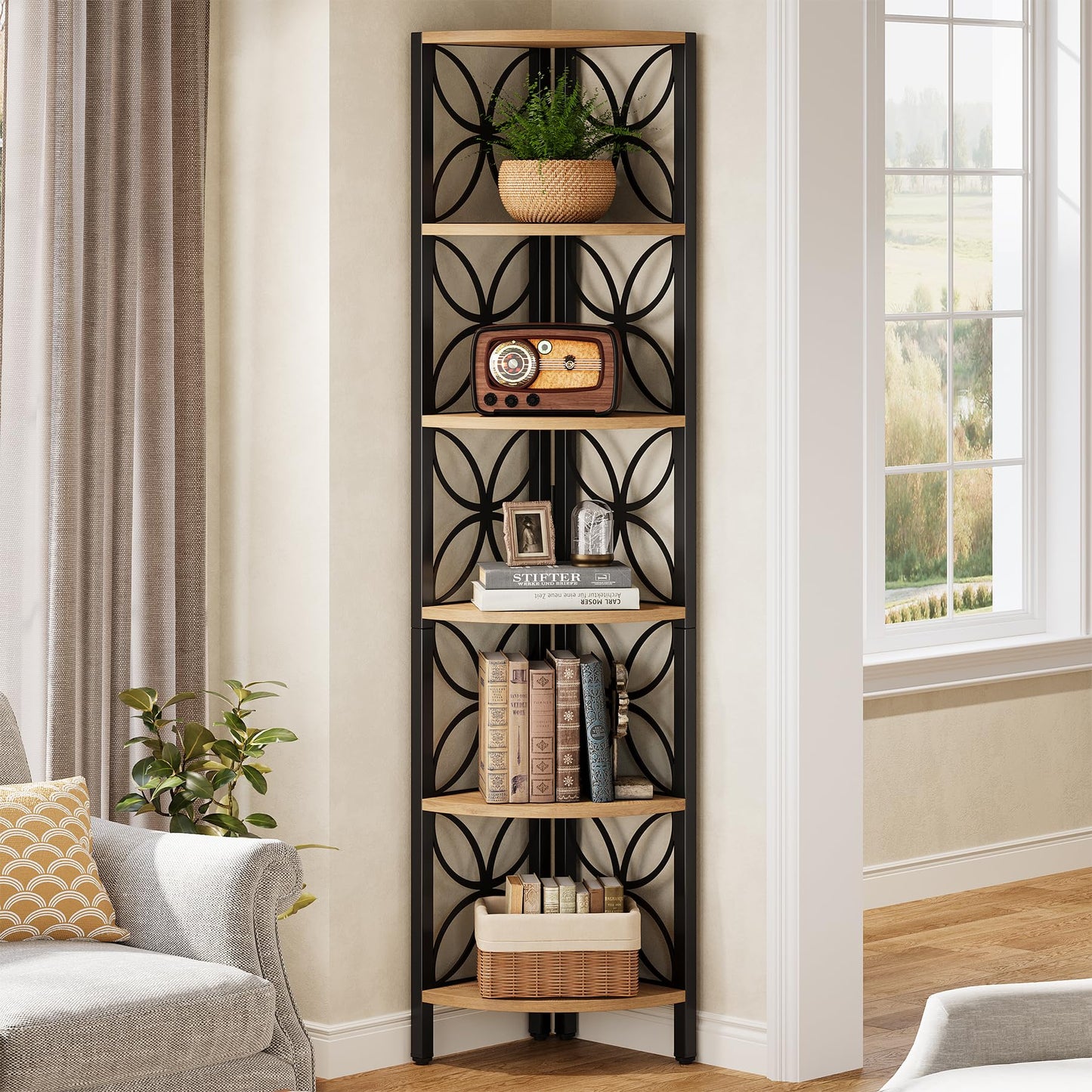Tribesigns 6-Tier Corner Shelf, 70.9" Rustic Corner Bookshelf Display Shelf for Living Room, Wooden Shelving Unit Plant Stand Storage Rack for Bedroom, Bathroom, Small Space, Rustic Brown