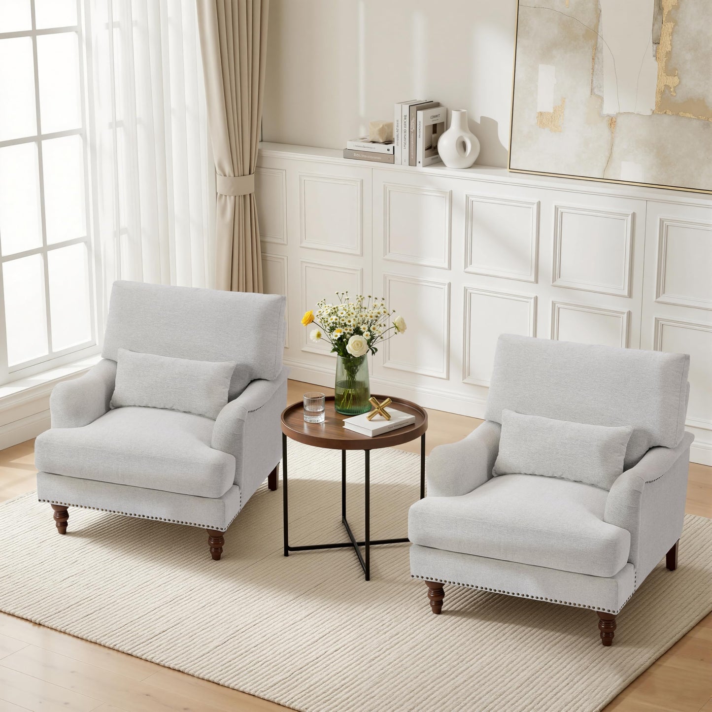 Accent Chair for Living Room, Upholstered Armchair with Nailhead Trim & Solid Wood Legs, Mid Century Modern Club Chair for Bedroom/Reading Room, Rococo Green