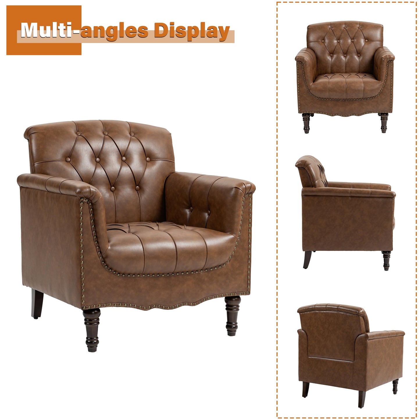 Faux Leather Club Chair, Retro Upholstered Armchair Accent Chair with Solid Wood Legs & Nailhead Trim for Living Room, Bedroom, Reading Room, Camel