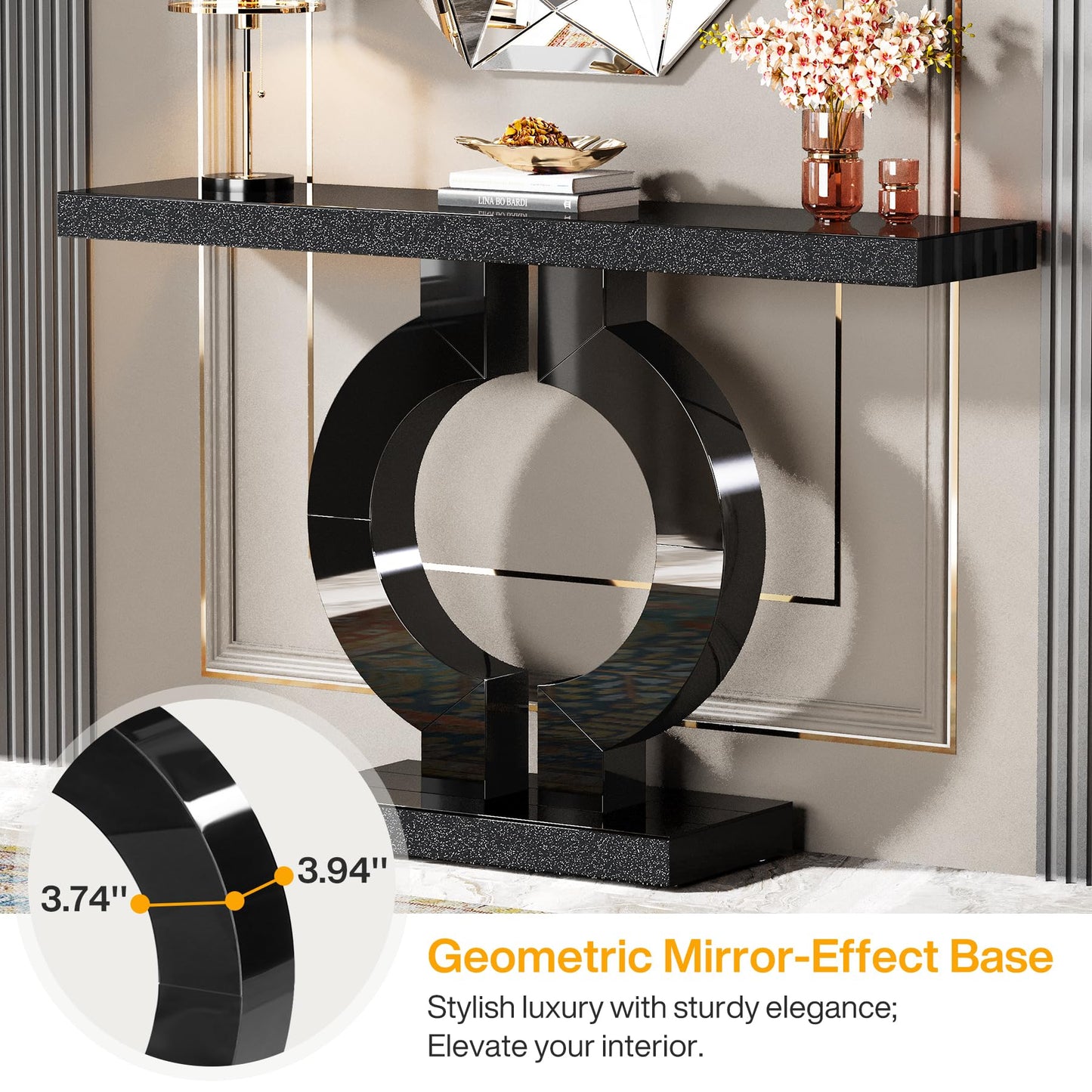 Tribesigns Modern Mirrored Console Table, Glass Sofa Table with Mirror Finish, 43-Inch Entryway Table with O-Shaped Base, Rectangular Accent Foyer Table for Living Room Hallway Entrance (Black)
