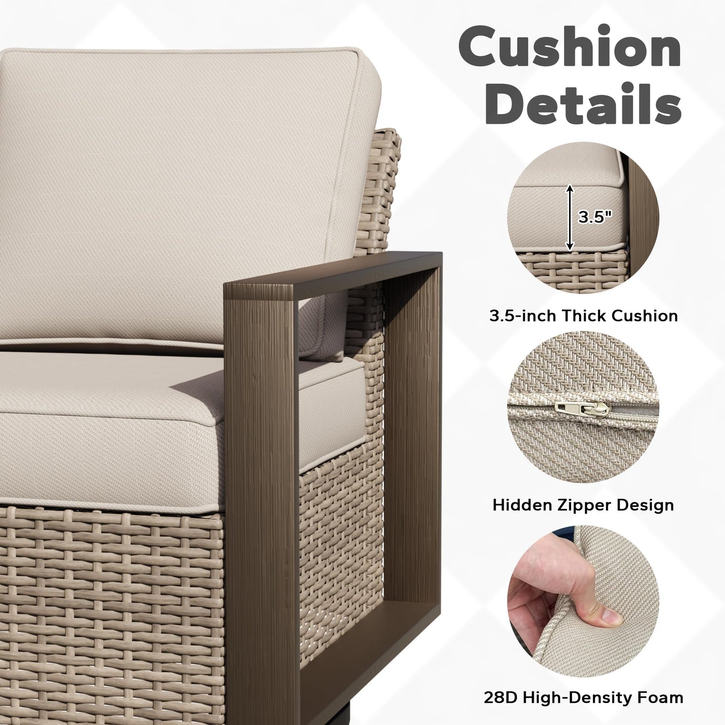 Joyside Outdoor Patio Wicker Sofa, 3-Seater Rattan Sofa with Thick Olefin Cushions and Metal Steel Rectangular Framed Armrest -Looking Metal Armrest Suitable for Garden, Backyard, Porch, Deck