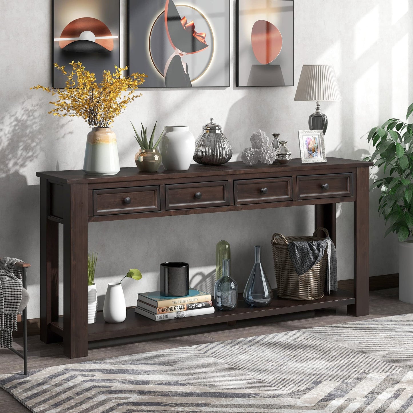 LKTART 63" Solid Wood Console Table Sofa Table with Storage Drawers and Bottom Shelf,Farmhouse Entryway Table for Hallway Foyer,Living Room,Easy Assembled (63" Espresso)