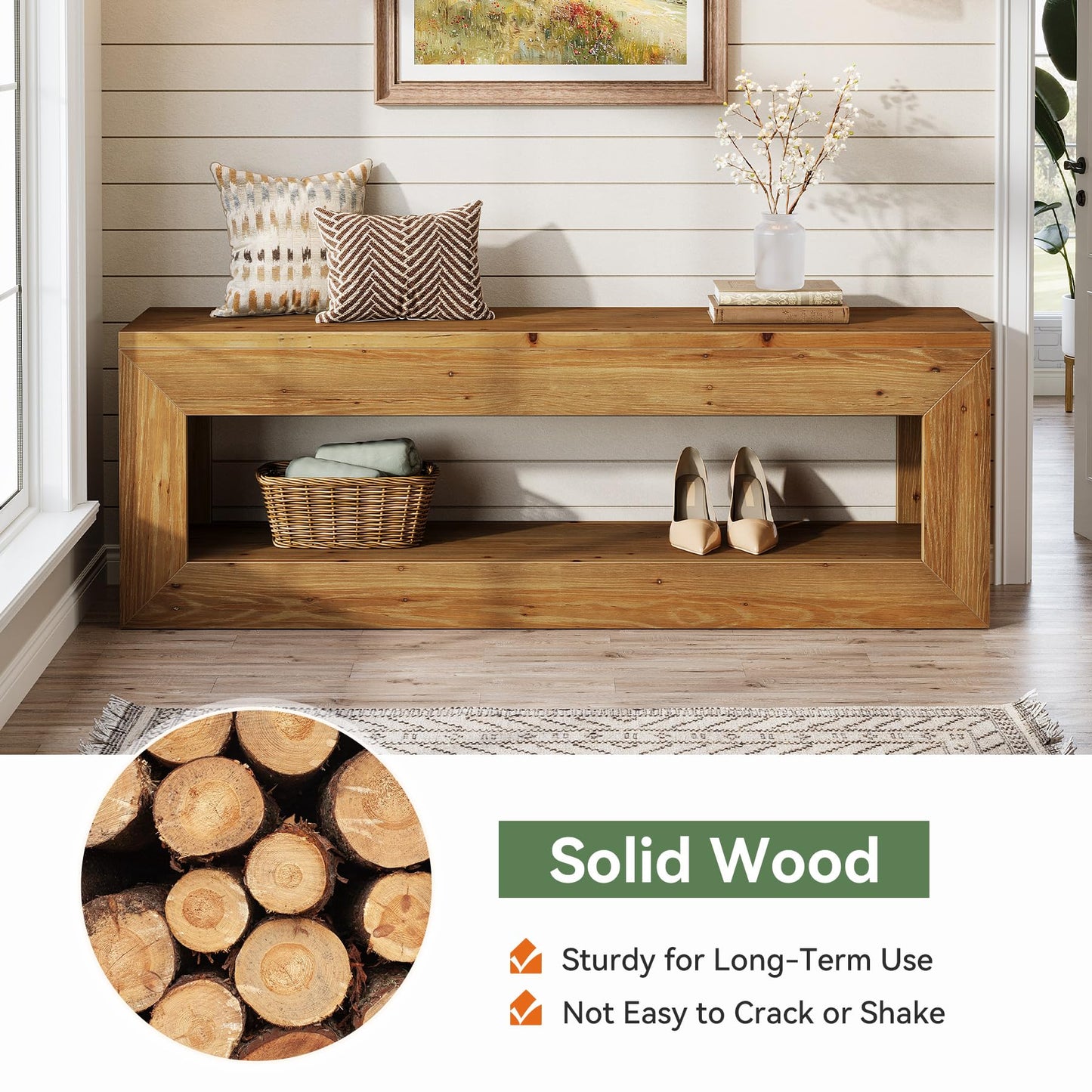 Solid Wood Entryway Bench, 47" Rustic Farmhouse Indoor Bench Seat with Storage Shelf for Entrance, Hallway, End of Bed