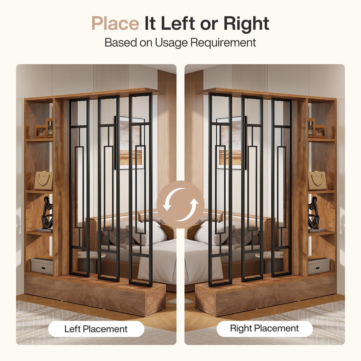 Tribesigns Wall Room Divider with Display Shelves, 70.9" Modern Freestanding Room Divider Screen with Sturdy Base, Wall Partition for Home & Office (Brown & Black, 47.2" W x 11.8" D x 70.9" H)