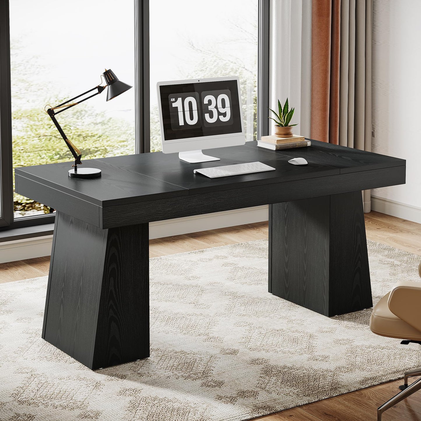 Tribesigns 55 Inches Executive Desk, Mid-Century Modern Home Office Desk, Wood MDF Computer Table Business Workstation Small Conference Table, Light Brown