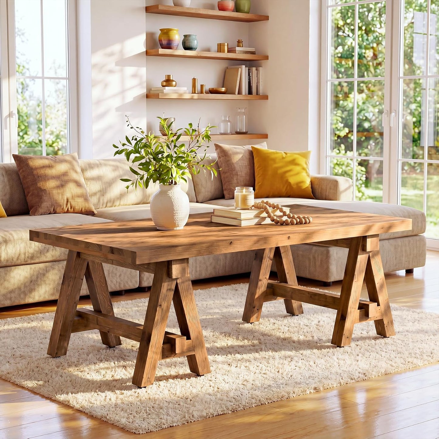 Solid Wood Coffee Table, 47" Rustic Farmhouse Center Table, Natural Wood Rectangular Coffee Tea Accent Furniture with Trestle Base & Spacious Tabletop for Living Room, Lounge, Home Office