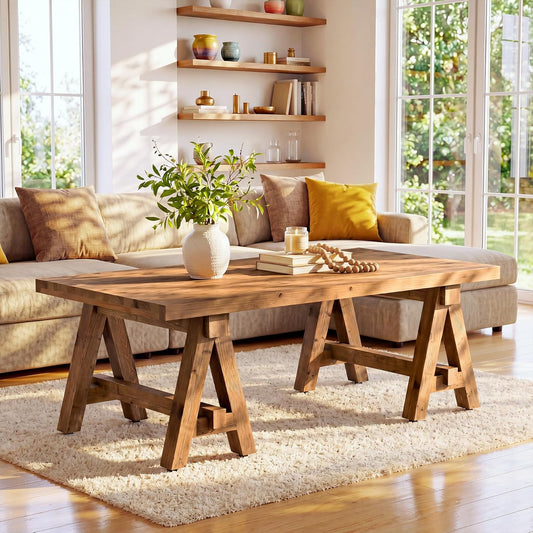 Solid Wood Coffee Table, 47" Rustic Farmhouse Center Table, Natural Wood Rectangular Coffee Tea Accent Furniture with Trestle Base & Spacious Tabletop for Living Room, Lounge, Home Office