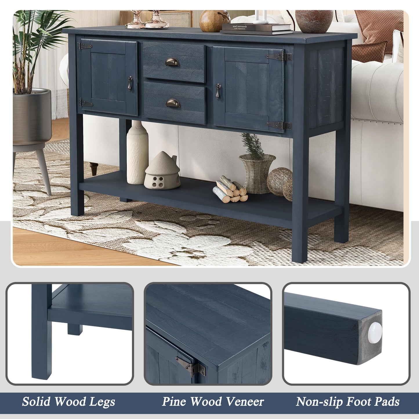 LKTART Solid Wood Farmhouse Console Table,Sofa Table with Storage Drawers and Shelves,Entryway Table for Entry Hallway Foyer Sofa Side Table,EasyAssembled (48" Navy Blue)