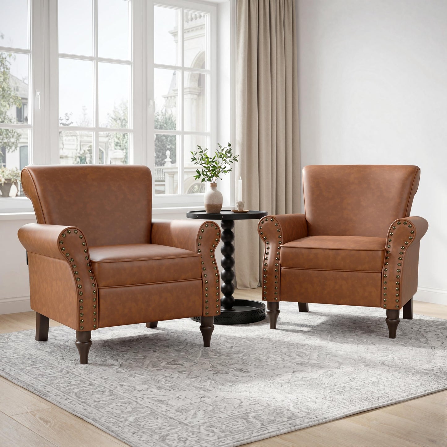 Wingback Accent Chairs Set of 2, Mid-Century Modern Upholstered Armchair Living Room Chair with Nailhead Trim & Rolled Armrest, Comfy Lounge Chair Single Sofa Chair for Bedroom, Light Blue