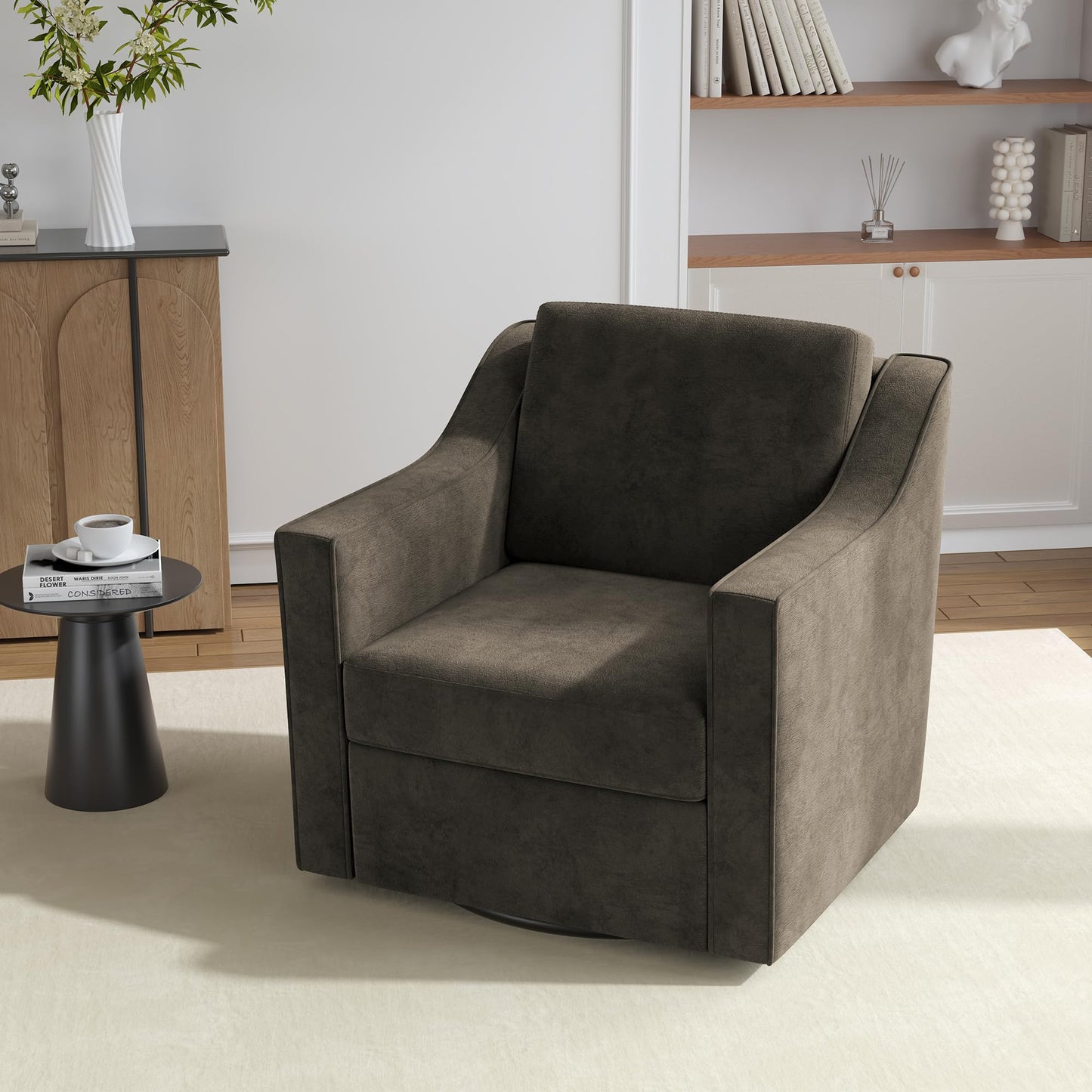 Swivel Accent Chairs Set of 2, 360° Swivel Upholstered Faux Leather Club Armchairs for Living Room, Comfy Single Sofa Reading Chair with Deep Seat, Metal Swivel Base, Coffee