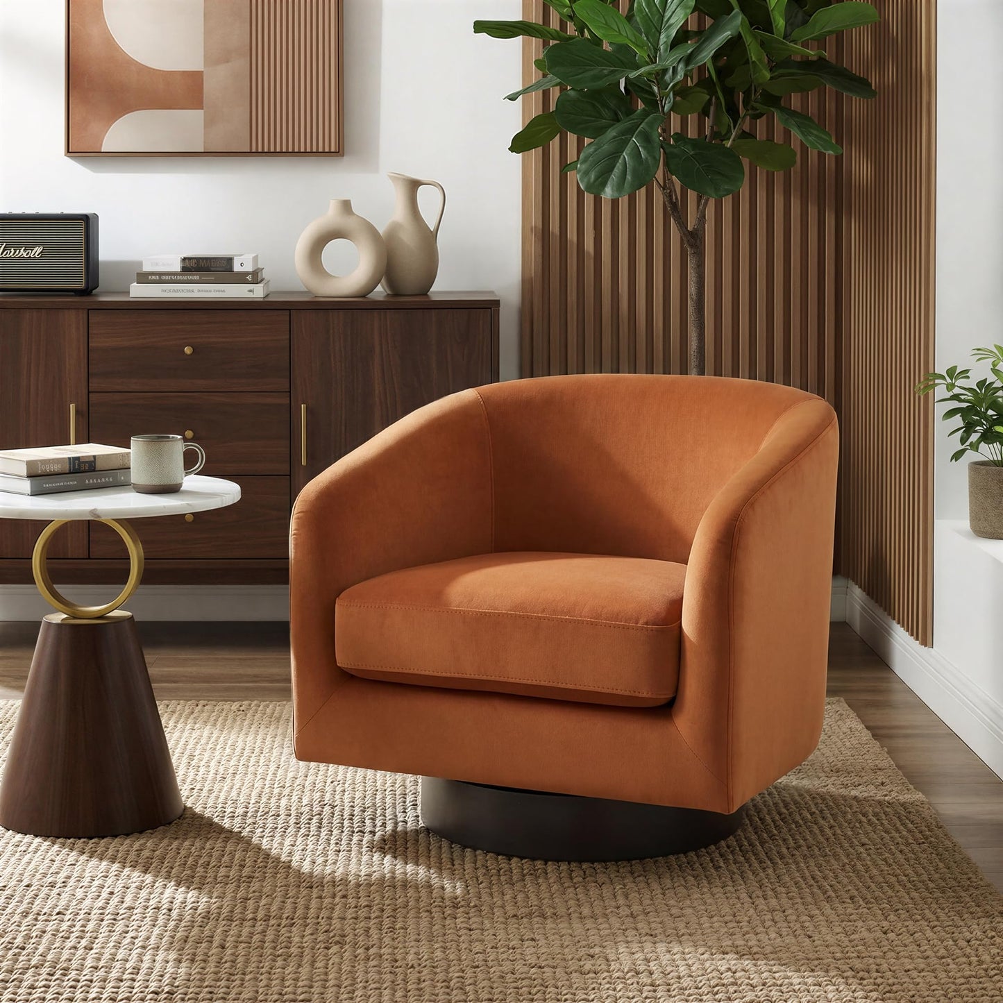 Swivel Barrel Chairs Set of 2, 31" W Modern Faux Leather Round Swivel Accent Chair for Living Room, 360° Rotation Upholstered Armchair Club Chair for Bedroom, Reading Room, Office (Brown)