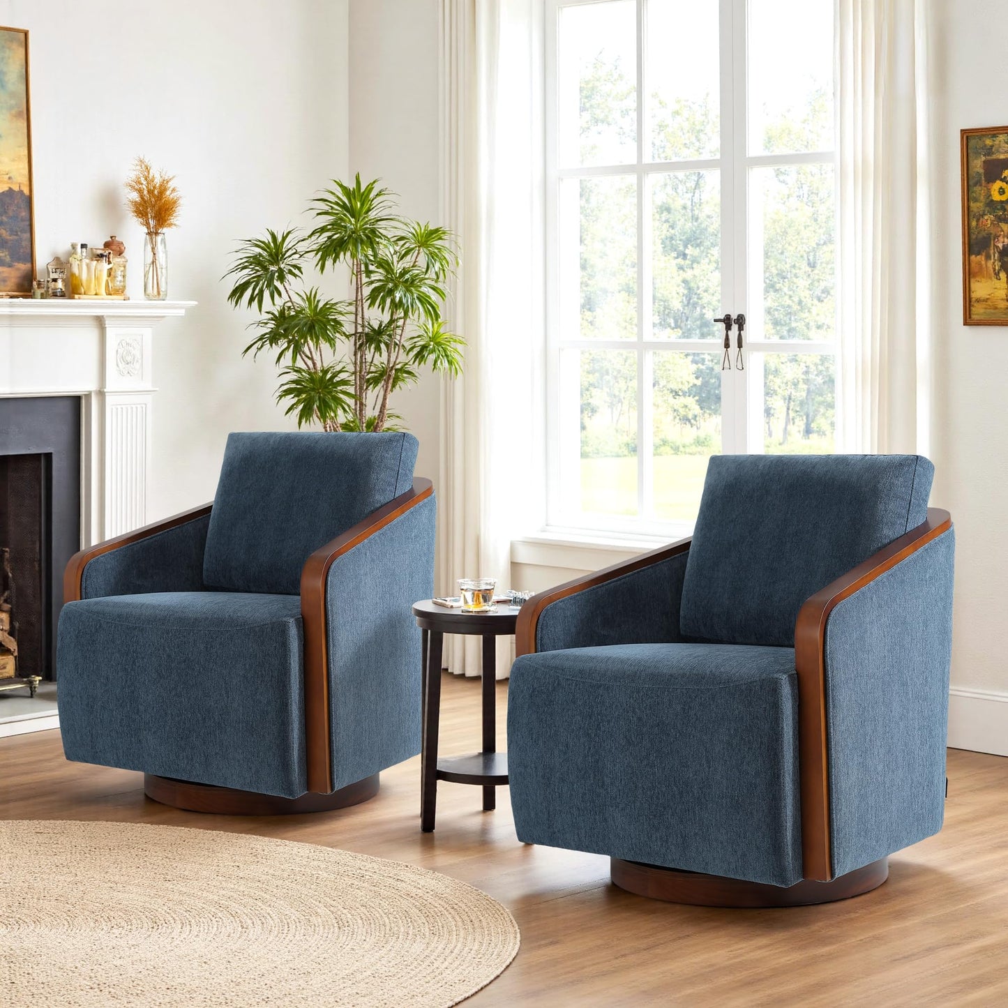 360° Swivel Barrel Chairs Set of 2, Upholstered Swivel Round Barrel Chair, Comfy Chenille Fabric Single Club Armchair Accent Chair for Living Room, Reading Room, Bedroom, Beige Brown
