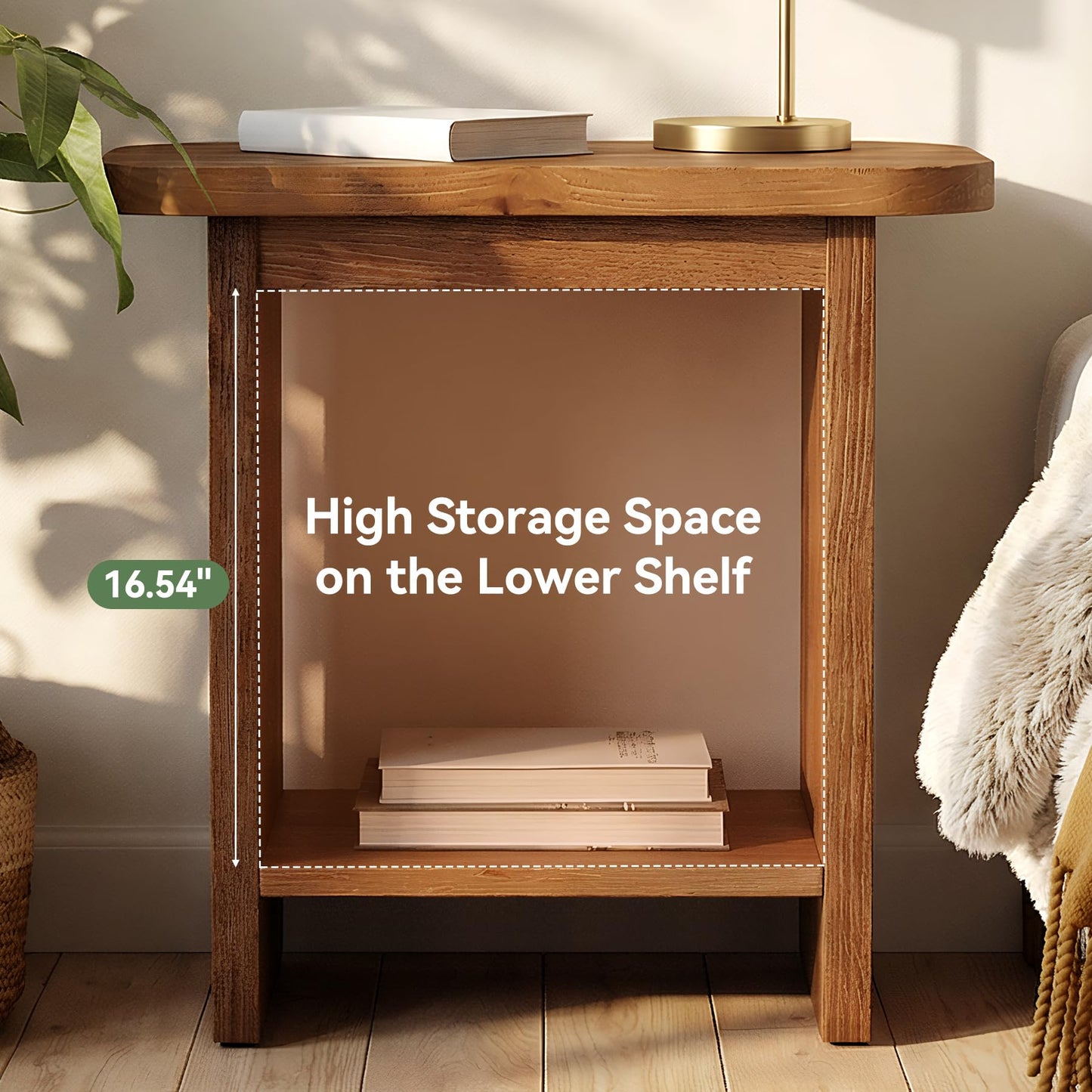 Genuine Solid Wood Side Table Set of 2, H-Shaped 2-Tier End Table with Storage Shelf, Farmhouse Narrow Nightstand for Living Room, Bedroom, Couch & Armchair (2 Products)