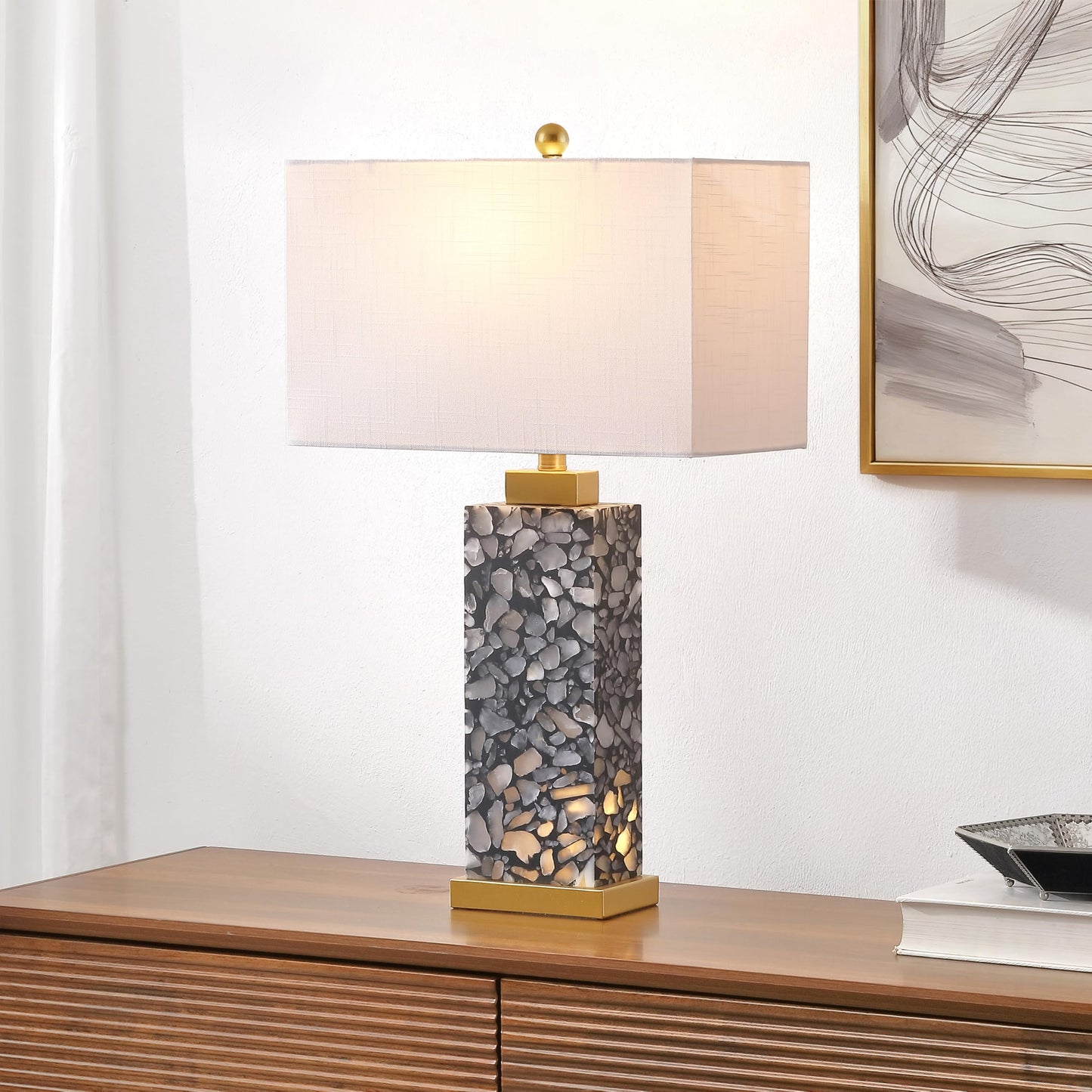 JONATHAN Y 24.25" Black/White Modern Alabaster LED Table Lamp for Home Decor, White Linen Shade, Coastal Nightstand Lamp with Built-in Base Accent Light (JYL8507A)