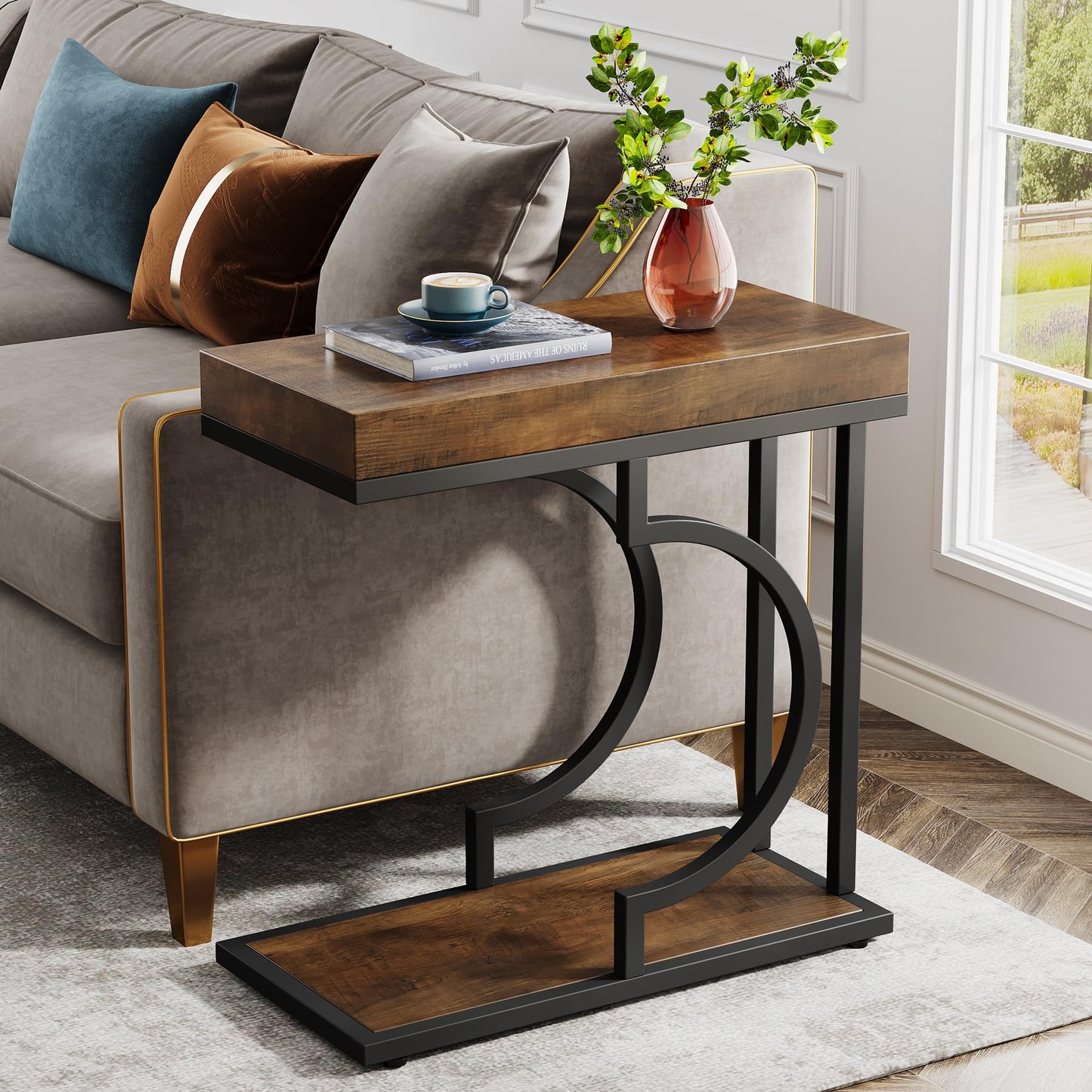 Tribesigns Narrow Side Table for Couch, C Shaped End Table with Metal Frame, Modern Bedside Tables, Small Sofa Tables for Small Spaces, Living Room (1, Brown+Black)