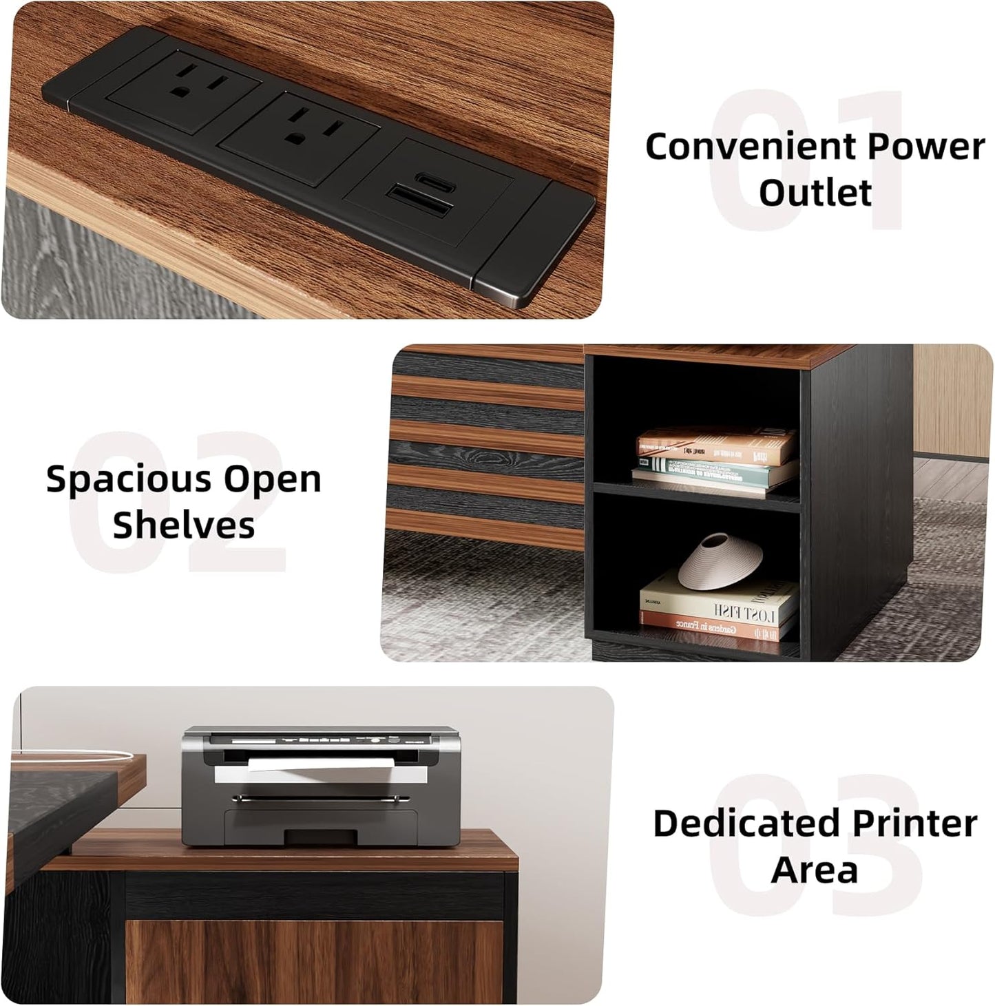Epecoya L-Shaped Executive Desk with Storage Cabinet and Open Shelf, 78-Inch Home Office Desk with Drawers, Boss Large L-Desk with Power Outlet for Studio, Office, Black Brown