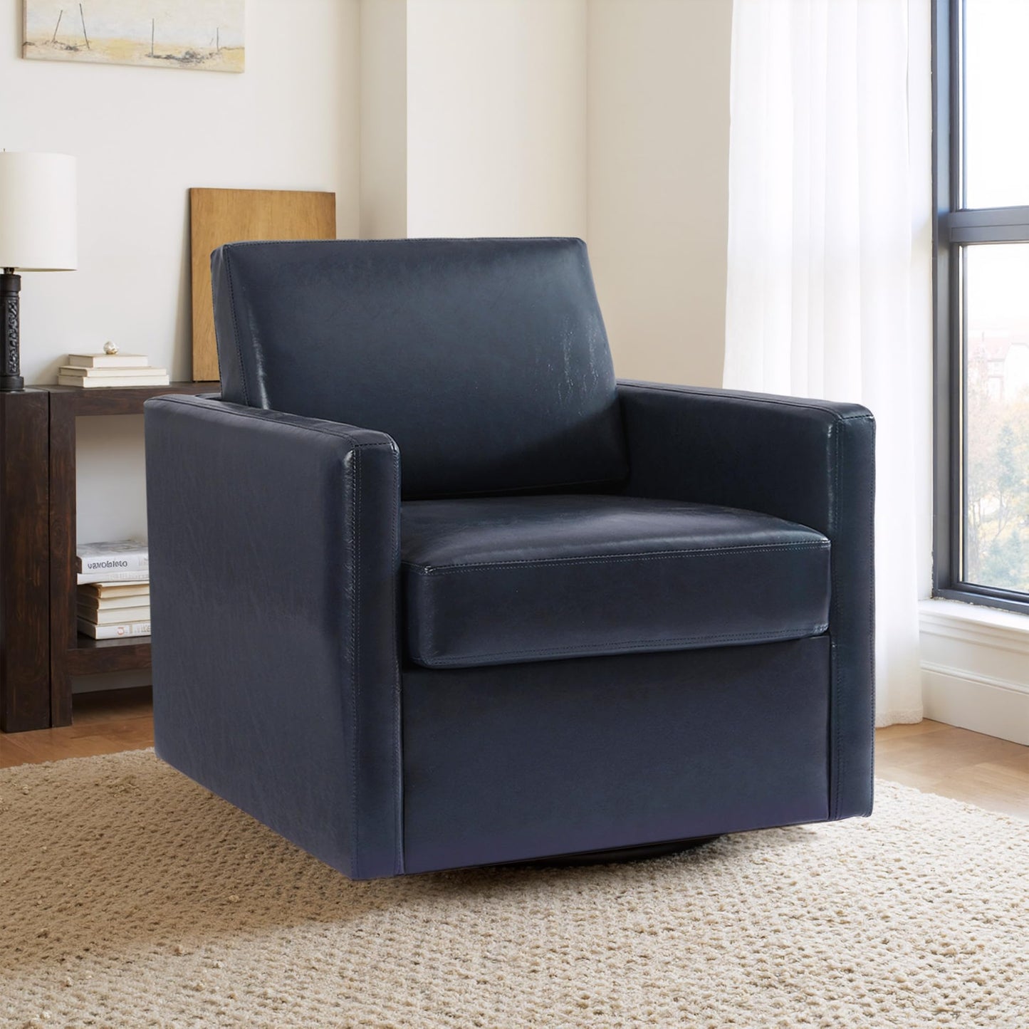 Faux Leather Swivel Accent Chairs Set of 2, 360° Swivel Upholstered Club Armchairs for Living Room, 31" Wide Square Single Sofa Reading Chair with Deep Seat, Metal Swivel Base, Navy