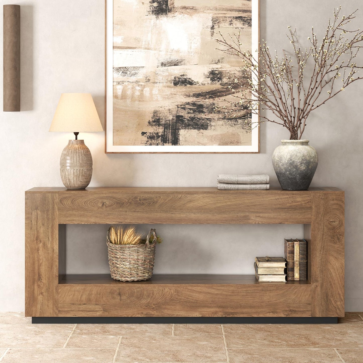 Epecoya 78 Inch Extra Long Console Table for Entryway, 2-Tier Wood Sofa Table Behind Couch with Storage Shelf, Farmhouse Entrance Table with Thickened Base for Living Room, Foyer, Hallway, Oak Brown