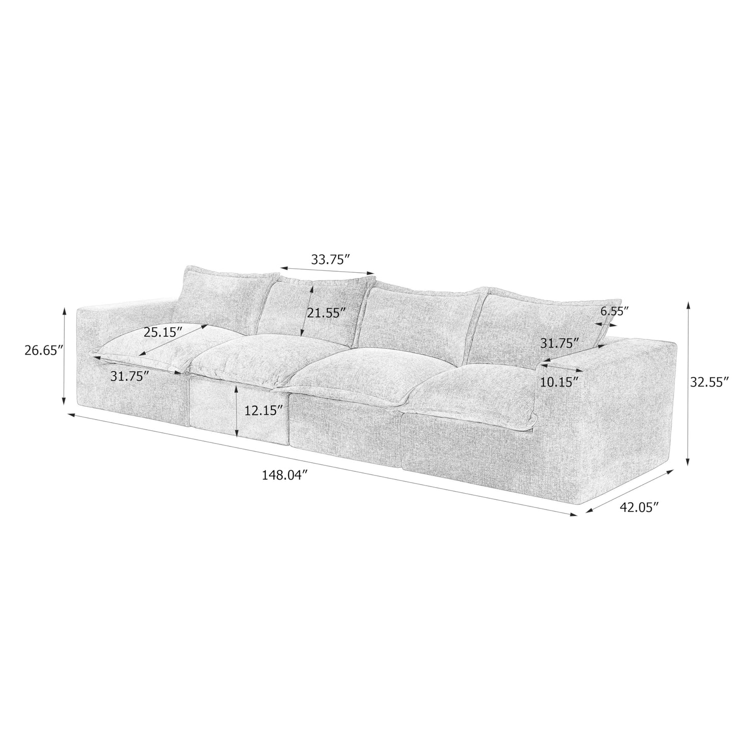 116" Modular Sectional Sofa, Comfy L Shaped Modular Coush Sofa with Ottoman, 3-Seat Chenille Cloud Couches Deep Seat Sofa for Living Room, Apartment, Small Spaces, Beige