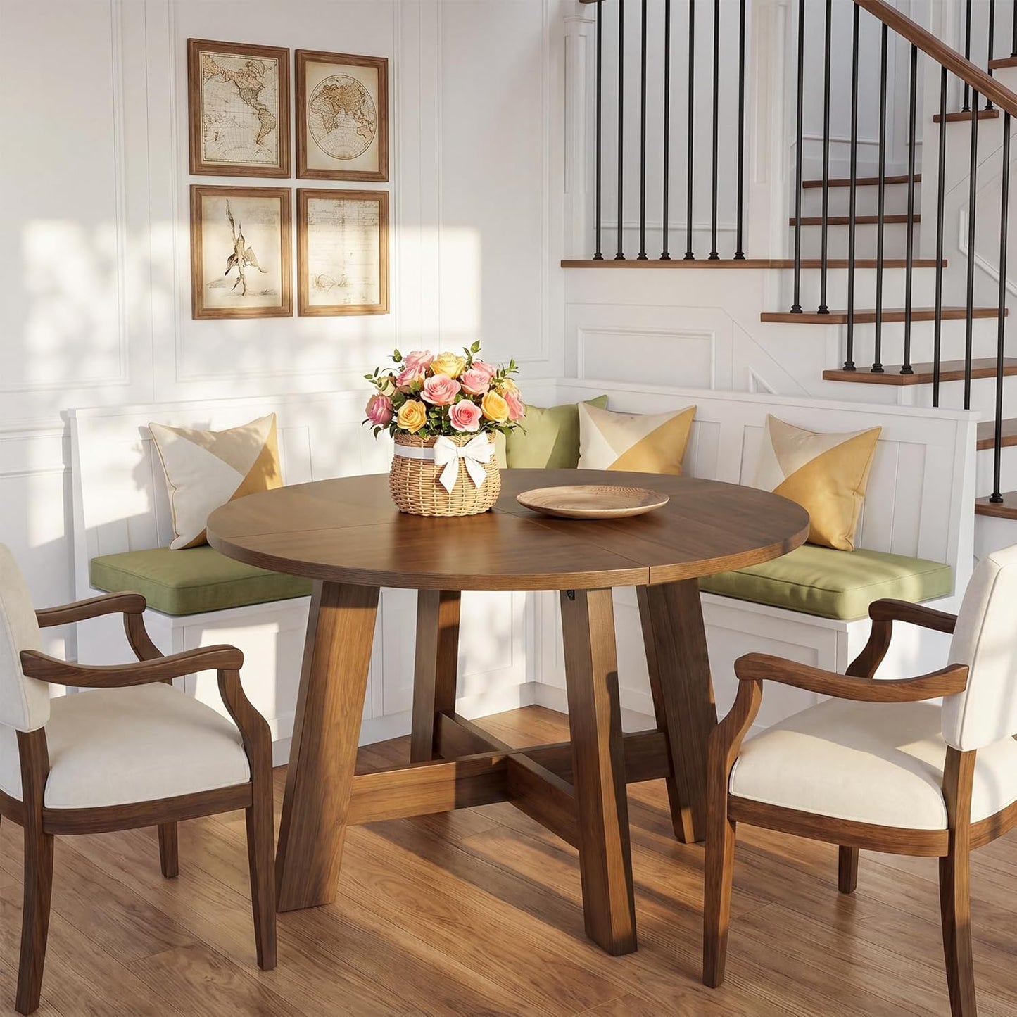 Tribesigns Round Dining Table for for 4-6 People, 47-Inch Circle Kitchen Table with Reinforced Cross Brace, Farmhouse Dining Room Furniture for Living Room, Apartment, Restaurant, Walnut Brown