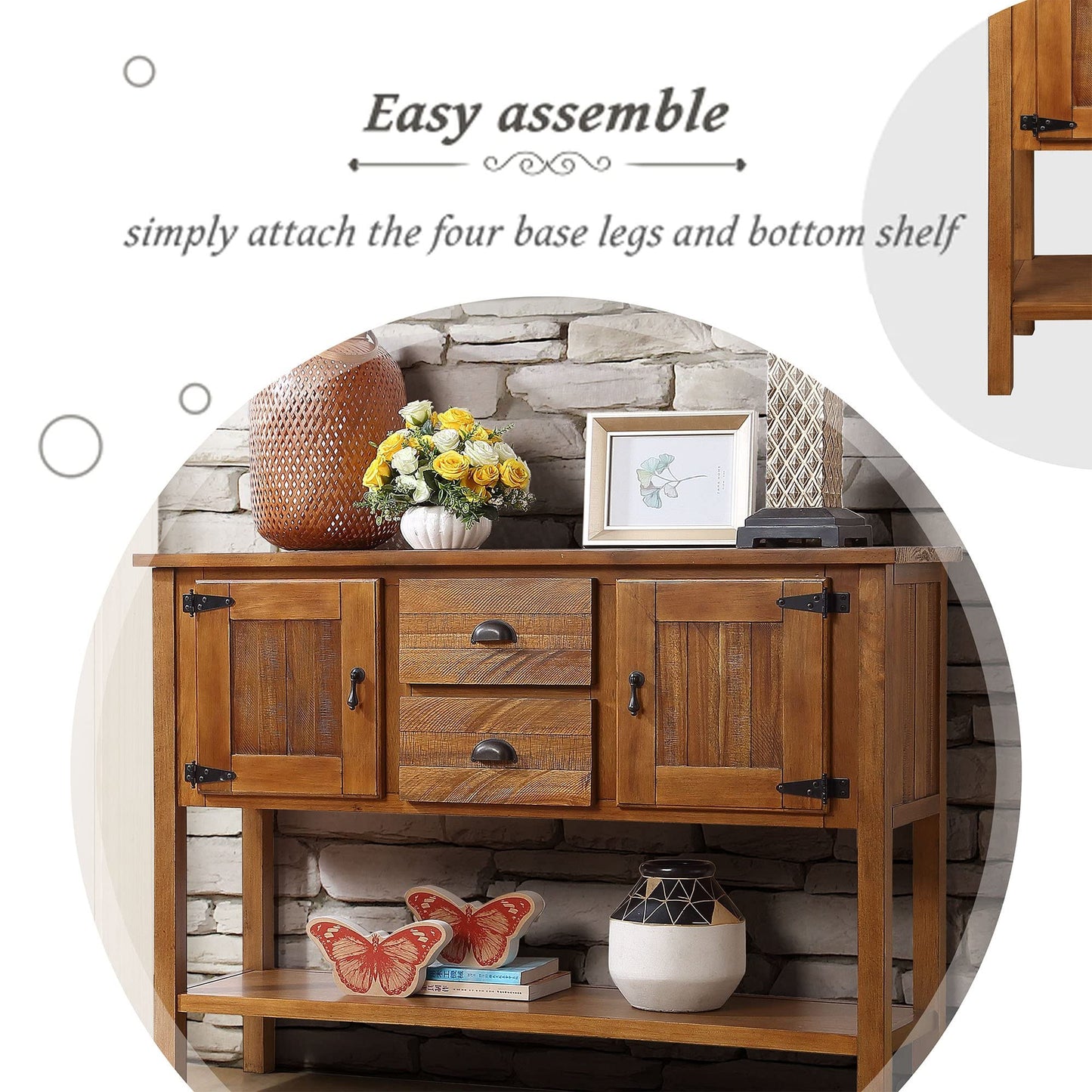 LKTART Farmhouse Sideboard Buffet Cabinet,Solid Wood Sideboard with Storage Drawers and Bottom Shelf,Coffee Bar for Entryway Hallway Foyer,Easy Assembled (46.5" Brown