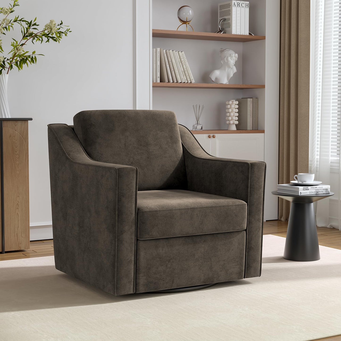 Swivel Accent Chairs Set of 2, 360° Swivel Upholstered Faux Leather Club Armchairs for Living Room, Comfy Single Sofa Reading Chair with Deep Seat, Metal Swivel Base, Coffee