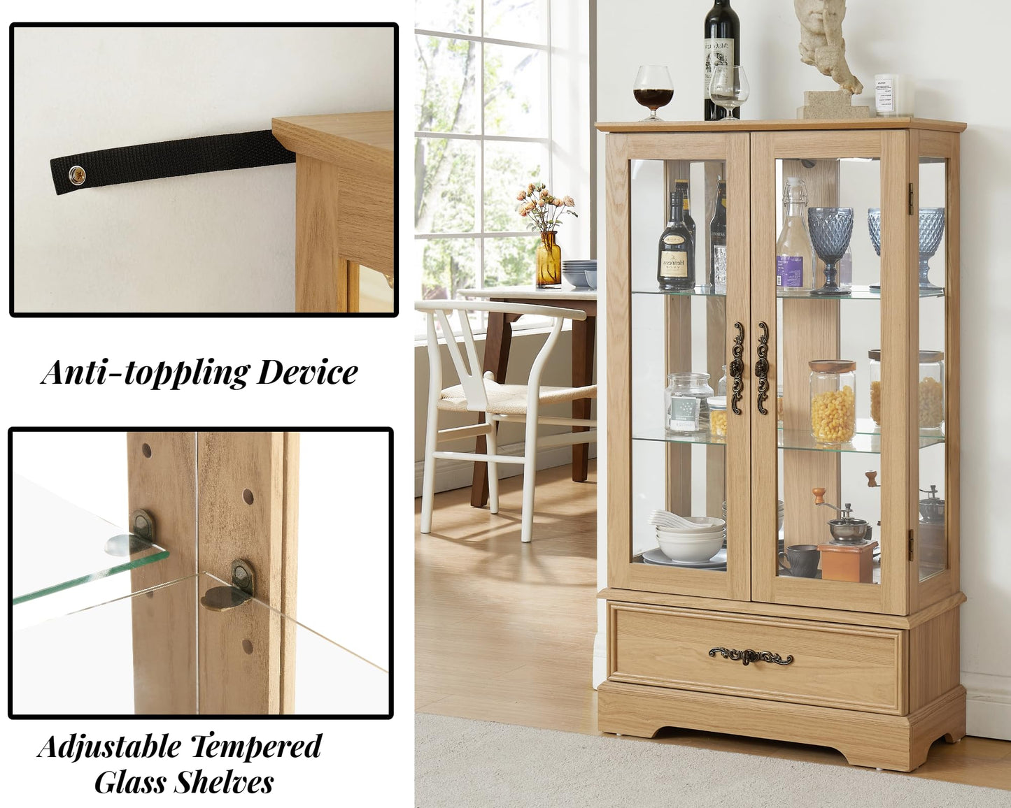 LKTART Curio Glass Display Cabinet,Storage Cabinet with Lights and Mirrored Back Panel,China Cabinet with Tempered Glass Doors and Shelves,Collectible Display Shelf,Included Bulb White