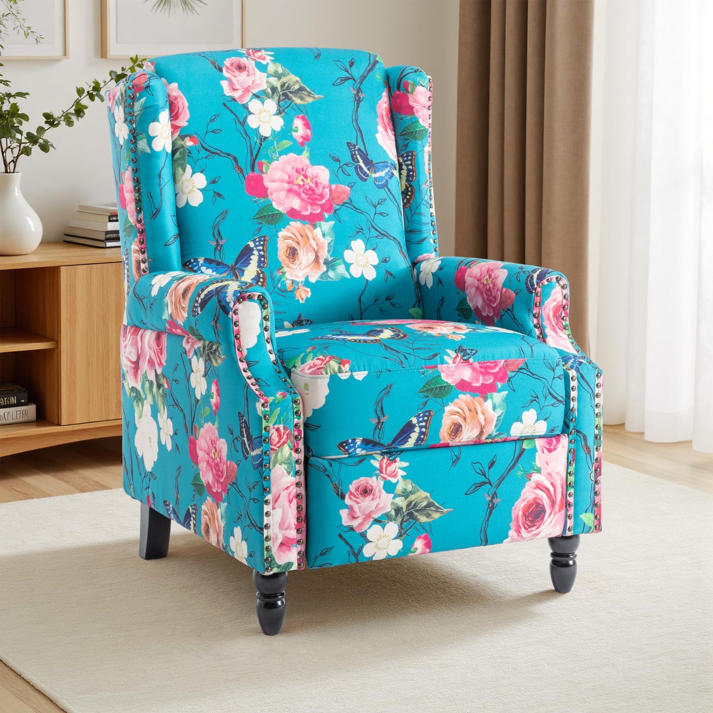 Pushback Recliner Chair, Printed Fabric Wingback Recliner Chair for Living Room, Upholstered Armchair Push Back Recliner with Wood Legs, Rivet Trim Wingback Accent Chair for Bedroom, Navy