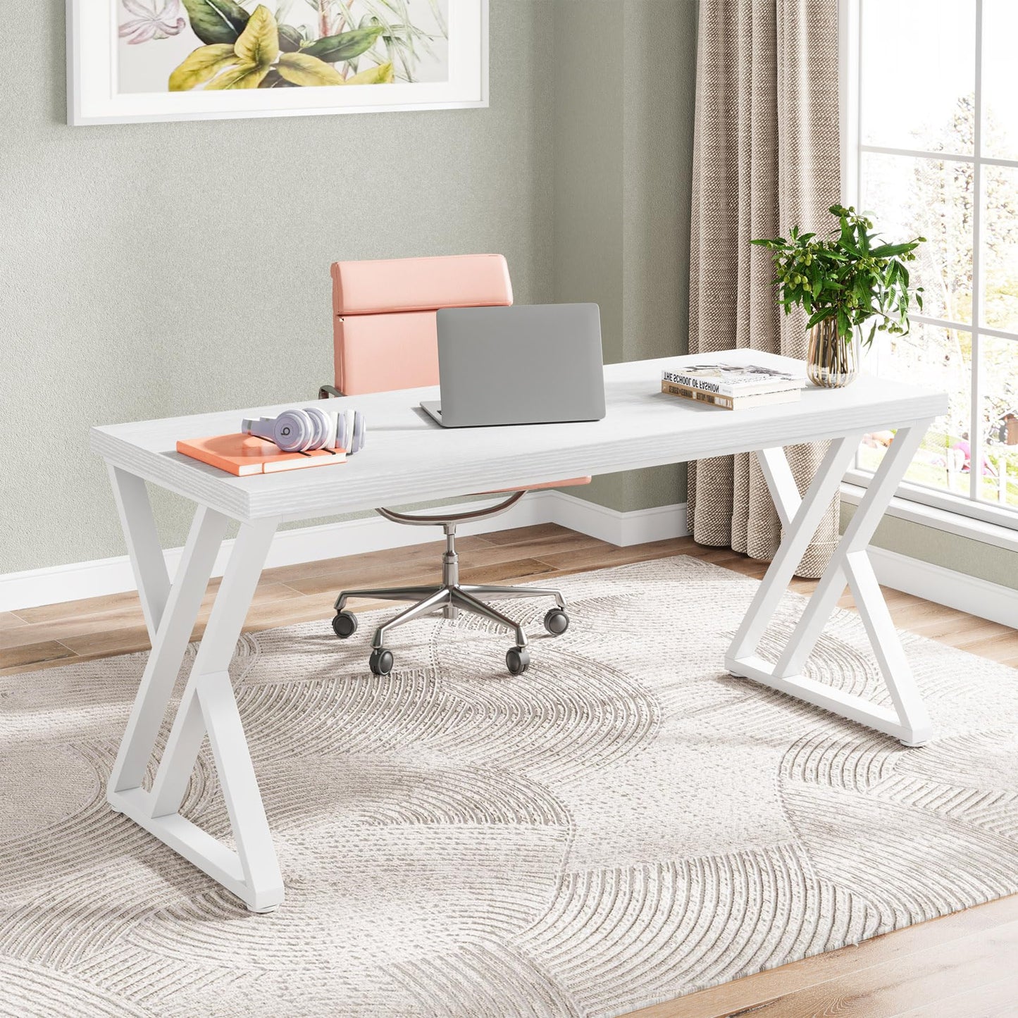 Tribesigns Modern Walnut/White 55" Heavy Duty Computer Desk, Study & Work Desk, 23.6"D x 55.1"W x 29.5"H, Z-Shaped Metal Legs, 330 lbs Capacity
