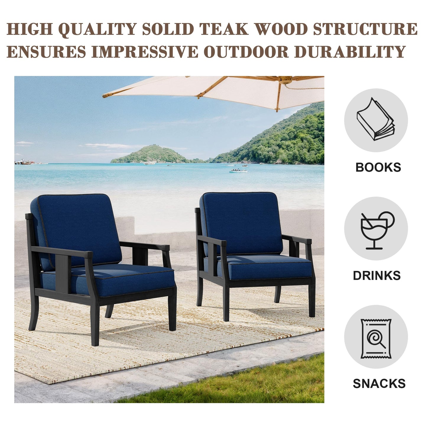 Outdoor Patio Armchairs Set of 2, All-Weather Solid Wood Patio Furniture Sets, Outdoor Sofa Chairs with Washable Thick Cushions for Porch, Balcony, Deck, Black Frame & Gray Cushion