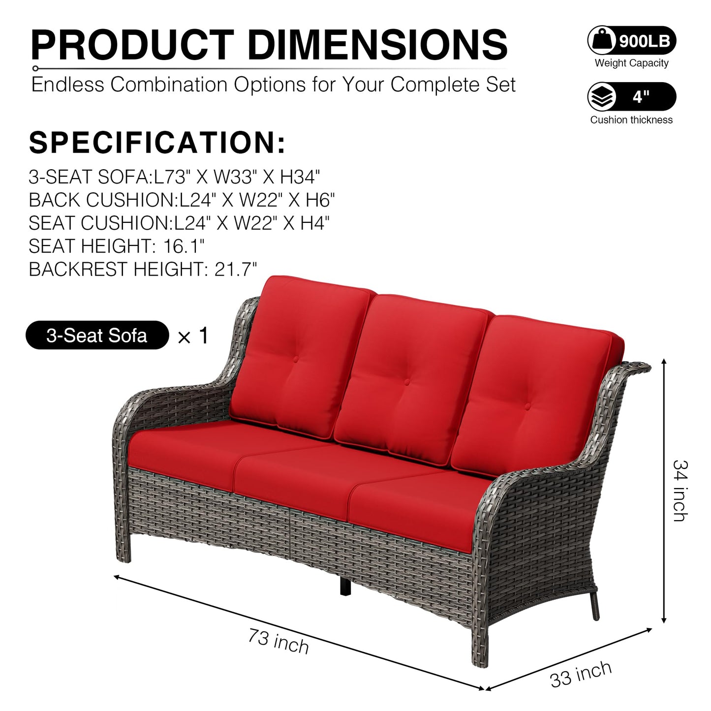 Joyside Outdoor Patio Couch, 3 Seater Outdoor Wicker Sofa with High Back, Deep Seating, Wide Armrest, Thickened Cushions, Patio Sofa for Deck, Porch Use