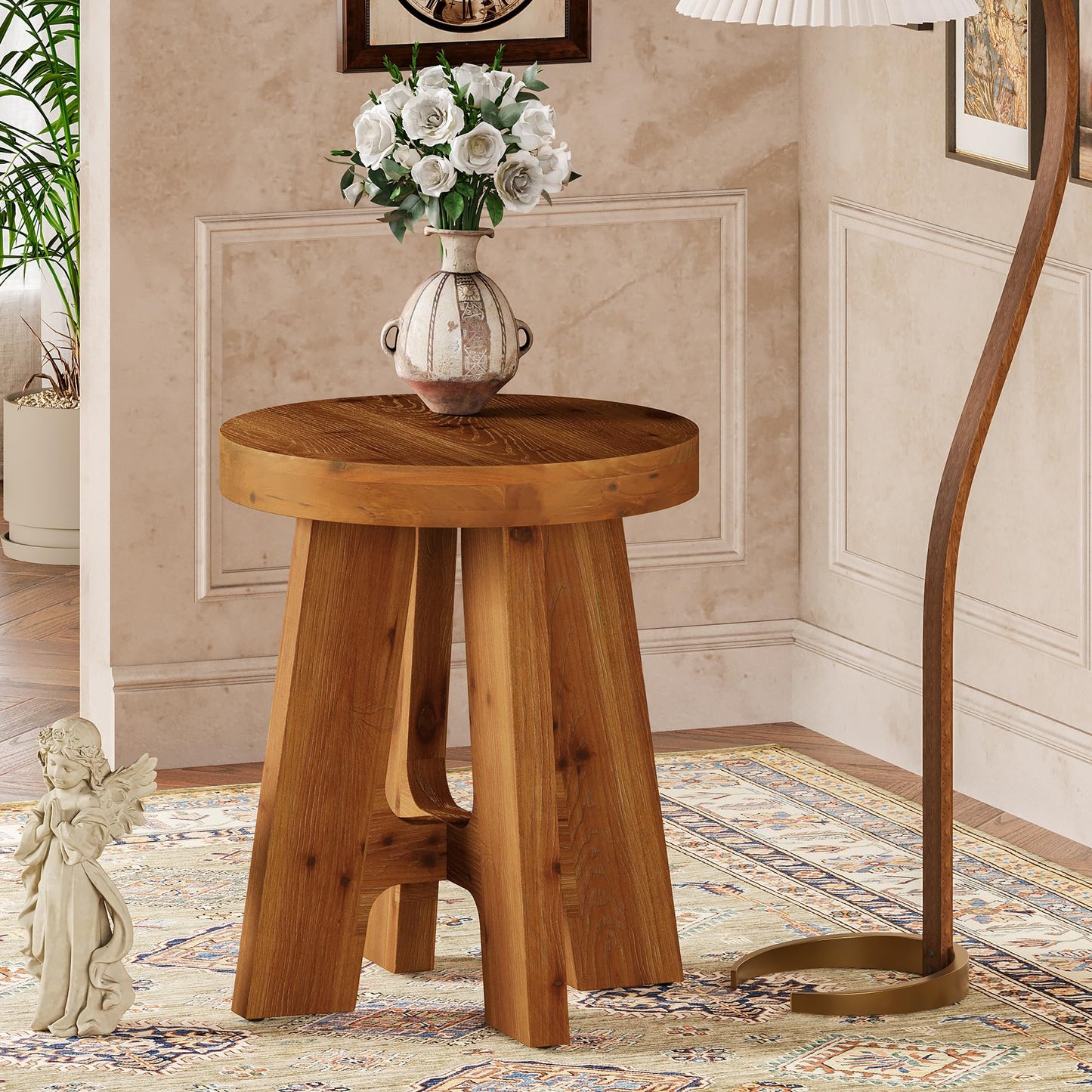 Set of 2 Round End Table, Farmhouse Solid Wood Side Table for Couch, Mid Century Modern Side Table with Heavy-Duty Leg, Wood Bedside Table for Bedroom, Small Spaces, Walnut